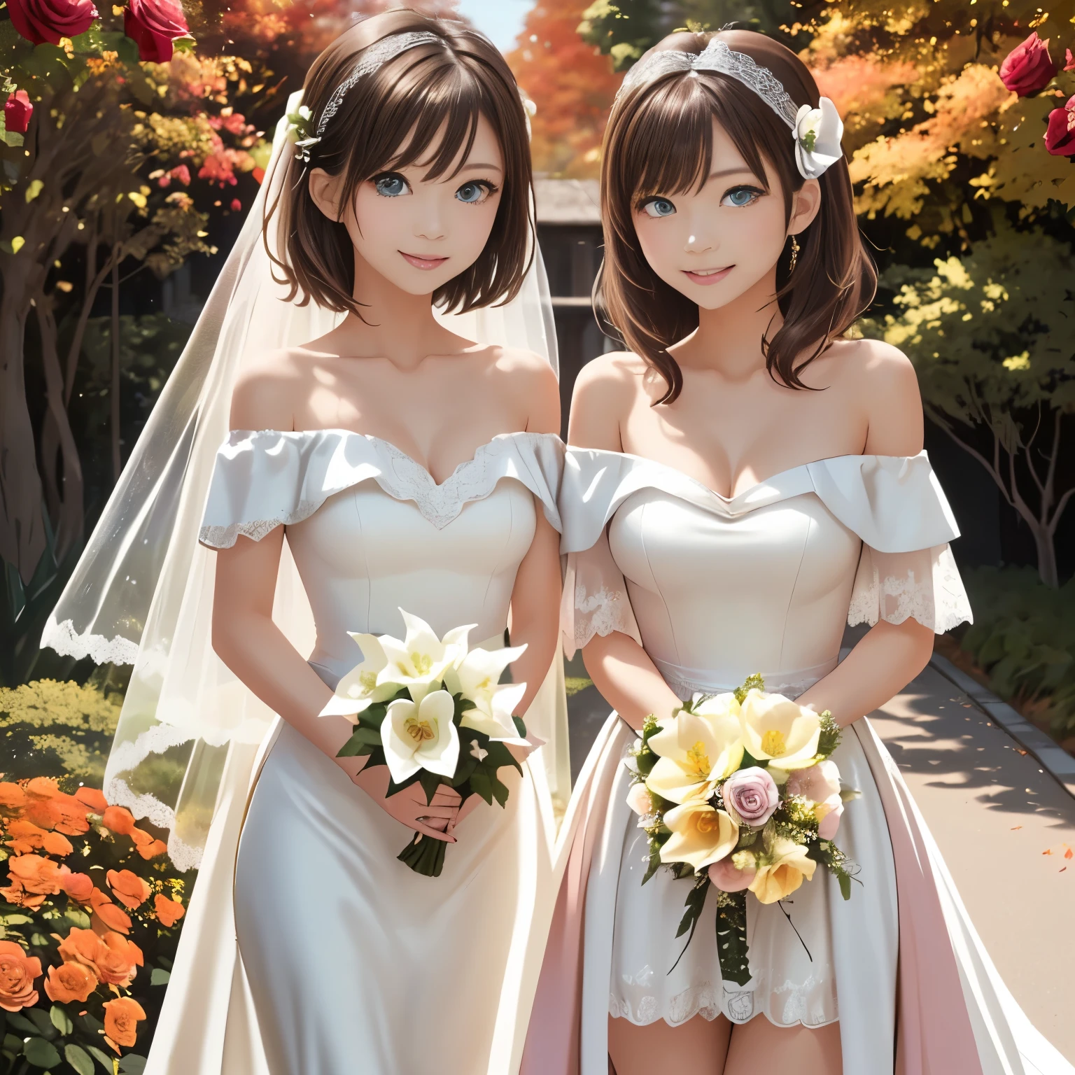 masterpiece, best quality, ultra high res, anime style, soft and warm atmosphere, autumn color palette with rich reds, oranges, and golds, gentle sunlight, soft focus, dreamy lighting, two beautiful sisters,
older sister: elegant, tall, slender, (long wavy dark brown hair:1.3) in a loose side braid, (deep blue eyes:1.25) with a warm, joyful smile, (looking directly at the viewer:1.2), wearing an (off-shoulder white wedding dress with lace details:1.3), holding a (lily bouquet:1.25) close to her chest, graceful posture,
younger sister: cute, petite, (short bob golden hair:1.3) with a (pastel pink ribbon hair accessory:1.25), (bright green eyes:1.25) sparkling with happiness, bright and cheerful smile, (looking directly at the viewer:1.2), wearing a (pastel pink wedding dress with frills and ribbons:1.3), holding a (rose bouquet:1.25),
outdoor scene in a traditional garden with vibrant (autumn foliage:1.3) and (falling leaves:1.25) swirling in the breeze, soft golden sunlight filtering through branches, warm and cozy atmosphere,
(camera angle from mid-thigh up:1.2) to clearly show their upper bodies and bouquets, cinematic soft lighting, ultra detailed faces, glossy eyes, smooth shading, clean lineart