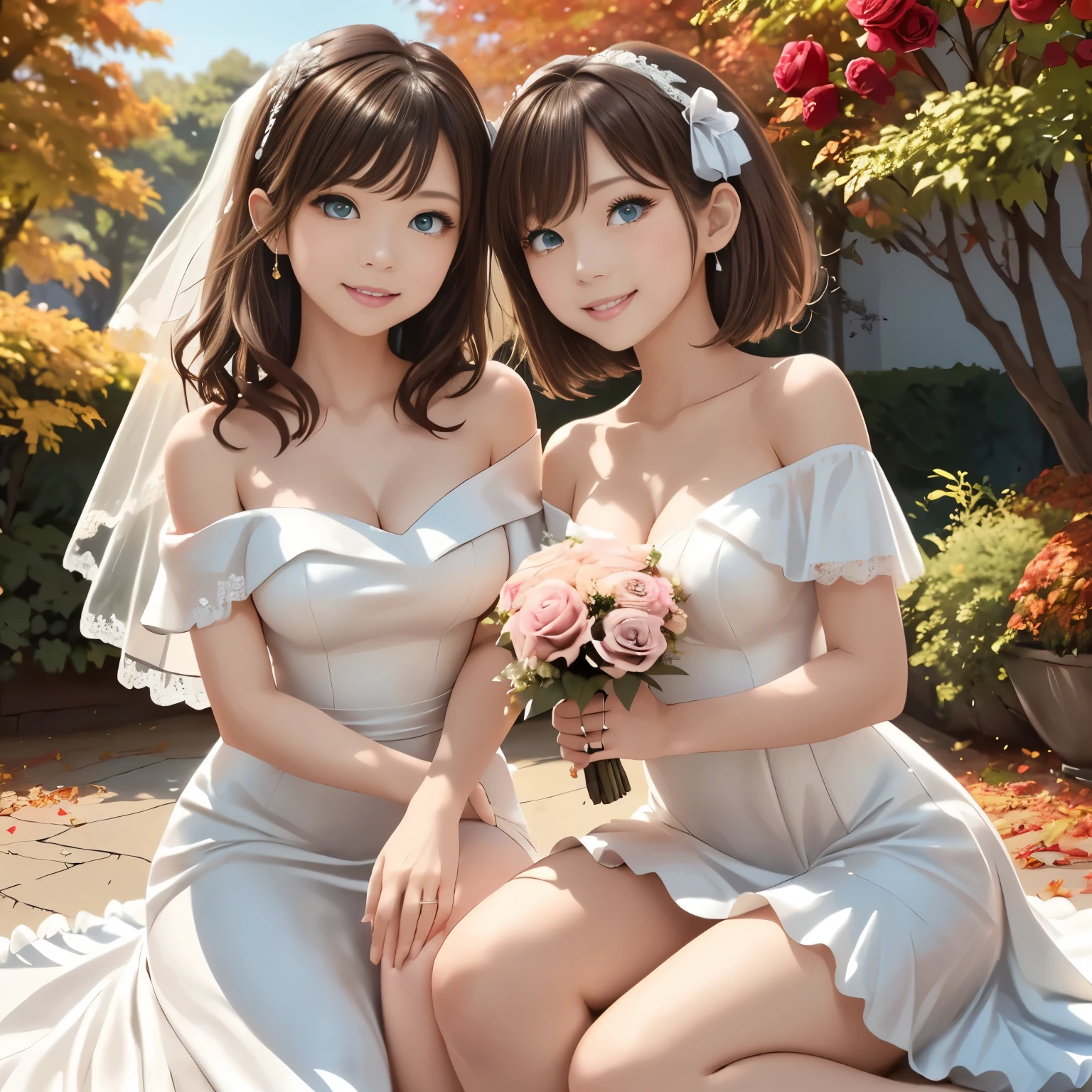 masterpiece, best quality, ultra high res, anime style, soft and warm atmosphere, autumn color palette with rich reds, oranges, and golds, gentle sunlight, soft focus, dreamy lighting, two beautiful sisters,
older sister: elegant, tall, slender, (long wavy dark brown hair:1.3) in a loose side braid, (deep blue eyes:1.25) with a warm, joyful smile, (looking directly at the viewer:1.2), wearing an (off-shoulder white wedding dress with lace details:1.3), holding a (lily bouquet:1.25) close to her chest, graceful posture,
younger sister: cute, petite, (short bob golden hair:1.3) with a (pastel pink ribbon hair accessory:1.25), (bright green eyes:1.25) sparkling with happiness, bright and cheerful smile, (looking directly at the viewer:1.2), wearing a (pastel pink wedding dress with frills and ribbons:1.3), holding a (rose bouquet:1.25),
outdoor scene in a traditional garden with vibrant (autumn foliage:1.3) and (falling leaves:1.25) swirling in the breeze, soft golden sunlight filtering through branches, warm and cozy atmosphere,
(camera angle from mid-thigh up:1.2) to clearly show their upper bodies and bouquets, cinematic soft lighting, ultra detailed faces, glossy eyes, smooth shading, clean lineart