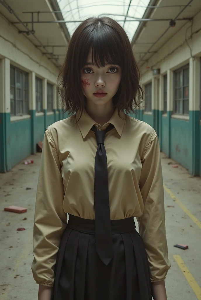 A beautiful Asian woman is being stabbed in her thigh with a cutter in hand of a man, view of a cutter blade lodged into her bleeding thigh, he is repeatedly cutting her bleeding thigh with a cutter, , she has long legs, uniform with tie, denim micro , boots, suffering expression, shouting, (best quality,4k,8k,highres,masterpiece:1.2),ultra-detailed,(realistic,photorealistic,photo-realistic:1.37),highly detailed face, detailed eyes and lips, extreme detailed skin, dramatic lighting, dark and gritty, horror, cinematic, intense colors, moody atmosphere