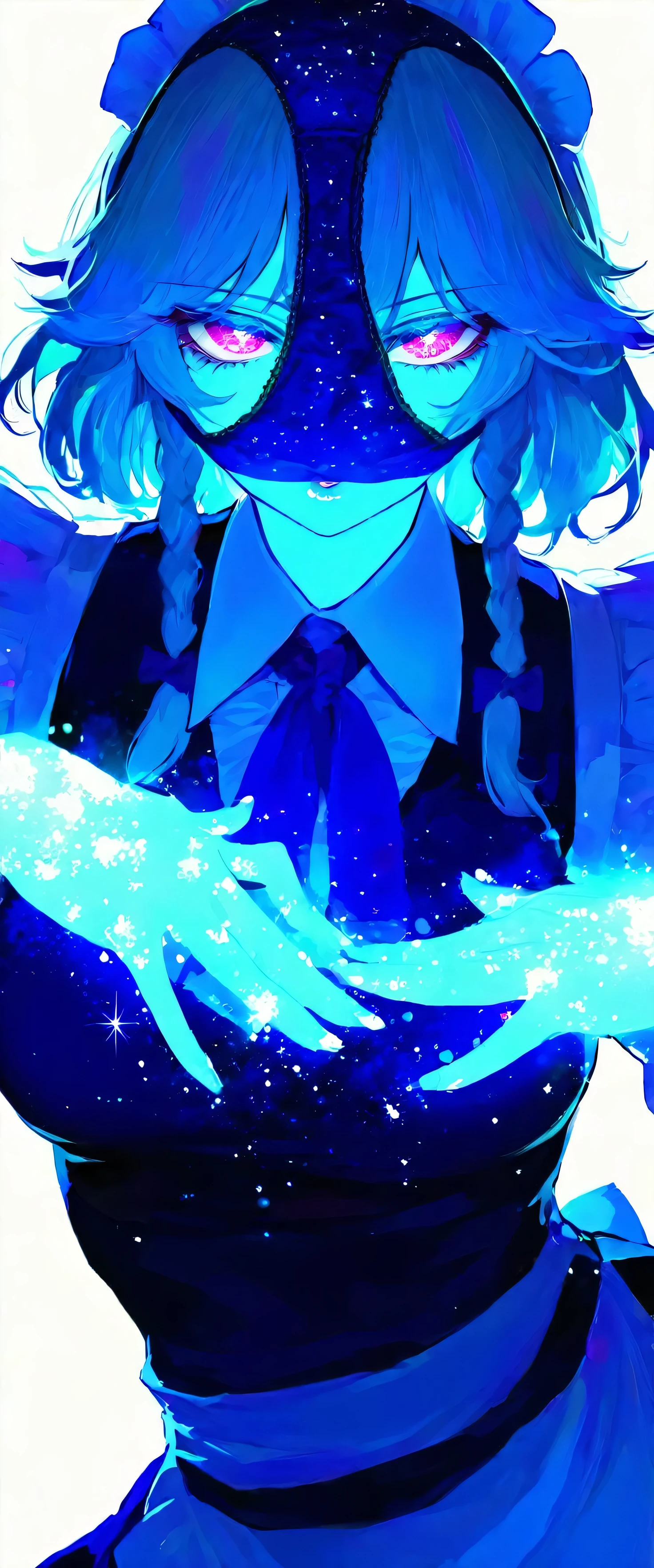 touhou project,Izayoi Sakuya,(beautiful girl: 1.3),masterpiece,Ultra-high resolution,Rich contrast,Very high quality,8k,Highly detailed CG unit wallpaper,Texture,So ridiculous,RAW Photos,Depth of written boundary 1.2,ultra-detailed eyes,Glowing Skin,Glitter Effect,Beautiful glossy lips,Circular Bokeh,(backlighting:1.2),Scarlet Devil Hall,pof,panties on head,pantyface,0__11Xx_illu,(jojo pose),