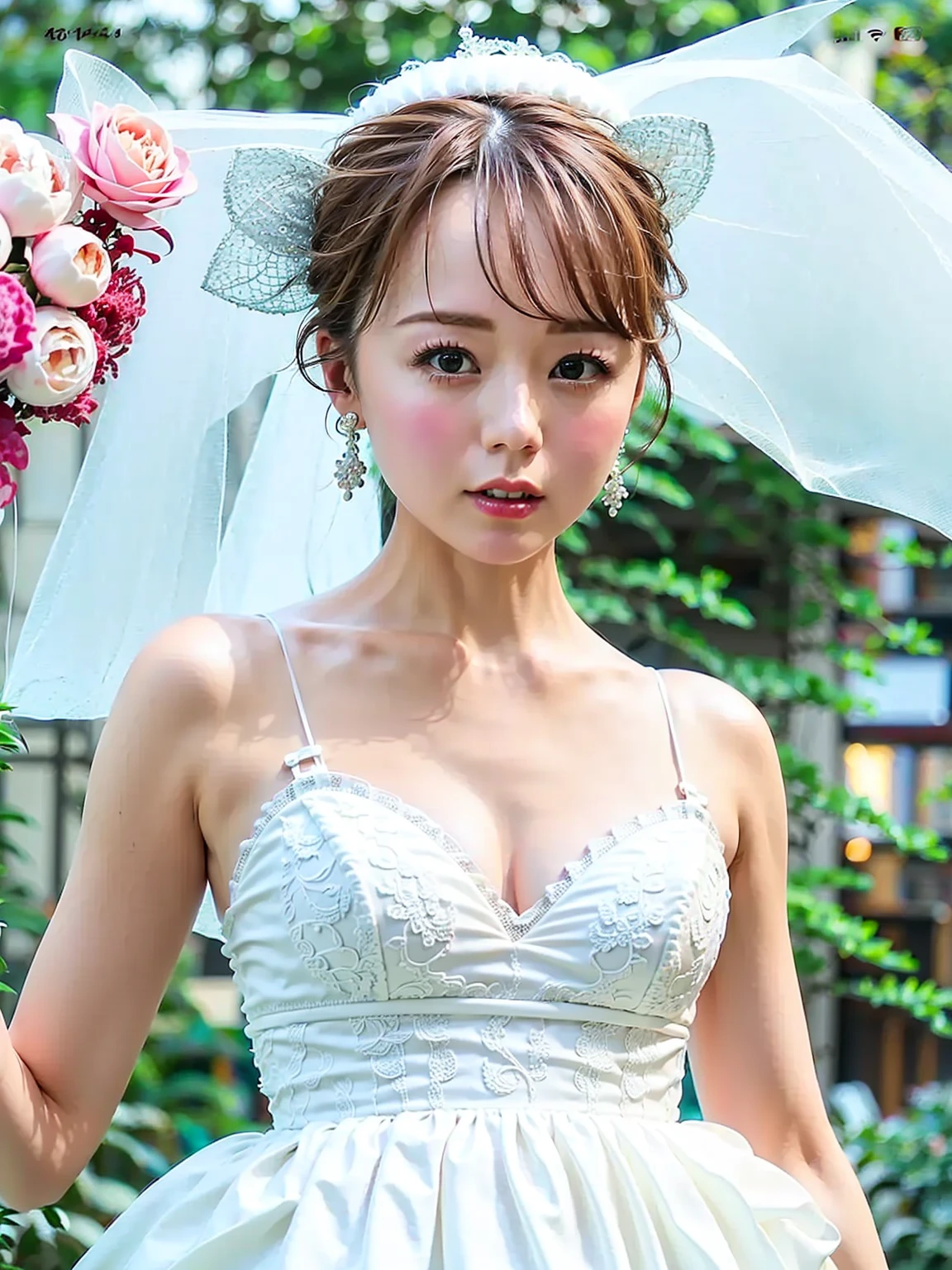 (Masterpiece), (Intricate Details), (Watercolor:1.3), (Perfect Anatomy:1.3), [:(Intricate Details), (Detailed Skin), (Detailed Face):0.2],, 1Woman, Small Breasts, Smile, Tan, Short Hair, Ponytail, (Forehead Exposure:1.2), Fine Wrinkles, Pore, Complexion, Korean, K-pop Idol, 16 years old, Pink wedding dress, Wedding veil, Smile, Vibrant wedding hall, Outdoor, Various flowers, (English Garden:1.3), Cowboy shot,