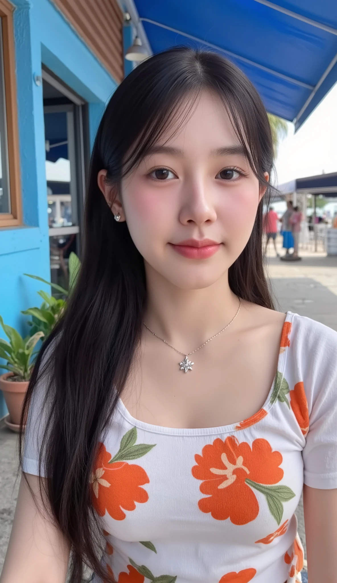 Realistic teen girl Beautiful face Black long hair Big breasts Attractive shape looking at camera 8K high definition sharp focus very high detail like real photo, natural light, smooth skin
Sitting in a bright blue-toned seaside cafe, bare stucco walls and small potted plants.
She wore a short sleeved T-shirt with a bright orange floral print.
She wore silver star-shaped earrings and a thin necklace adorned with a floral pendant.
The camera angle is slightly below the chest, visible from the head to the waist, the eyes look down at the camera while the head remains upright. The atmosphere is warm and stylish.