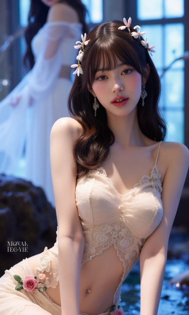 Frivolous female aristocrat, half-squat, head in hands, smile, jewelry, princess crown, white stockings, nude tight skirt, thin soled pointed toe heels: 2, stiletto heels, big breasts, white skin, 8k