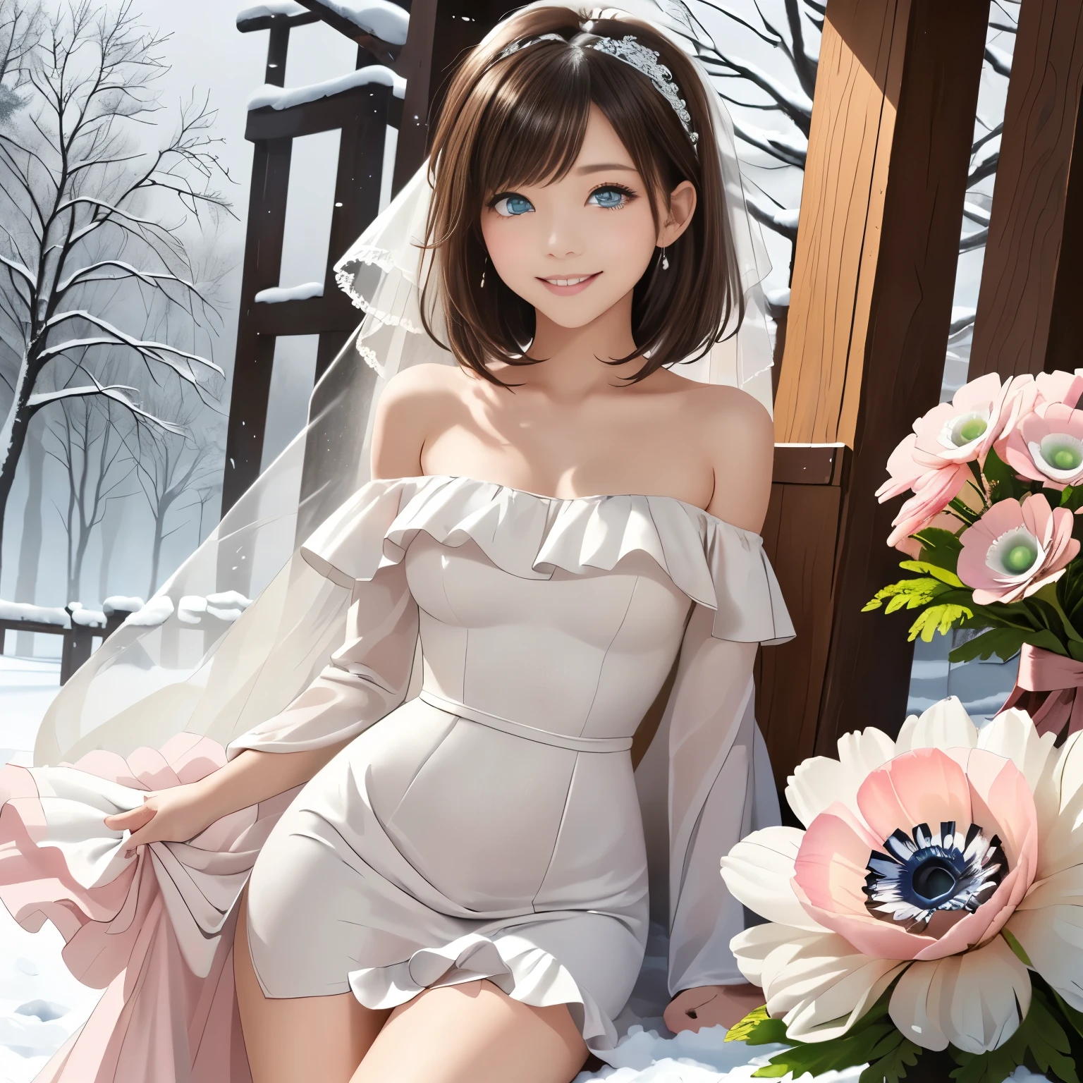 masterpiece, best quality, ultra high res, anime style, soft and warm atmosphere despite the cold, winter color palette with pure whites, soft blues, and pale greys, gentle sunlight, soft focus, dreamy lighting, two beautiful sisters,
older sister: elegant, tall, slender, (long wavy dark brown hair:1.3) in a loose side braid, (deep blue eyes:1.25) with a warm, joyful smile, (looking directly at the viewer:1.2), wearing an (off-shoulder white wedding dress with lace details:1.3), holding a (white anemone bouquet:1.25) close to her chest, graceful posture,
younger sister: cute, petite, (short bob golden hair:1.3) with a (pastel pink ribbon hair accessory:1.25), (bright green eyes:1.25) sparkling with happiness, bright and cheerful smile, (looking directly at the viewer:1.2), wearing a (pastel pink wedding dress with frills and ribbons:1.3), holding a (white anemone bouquet:1.25),
outdoor snowy landscape with falling snowflakes, (snow-covered trees:1.3) and gentle mist in the distance, light breeze making hair and dresses sway, soft winter sunlight creating a serene glow,
(camera angle from mid-thigh up:1.2) to clearly show their upper bodies and bouquets, cinematic soft lighting, ultra detailed faces, glossy eyes, smooth shading, clean lineart