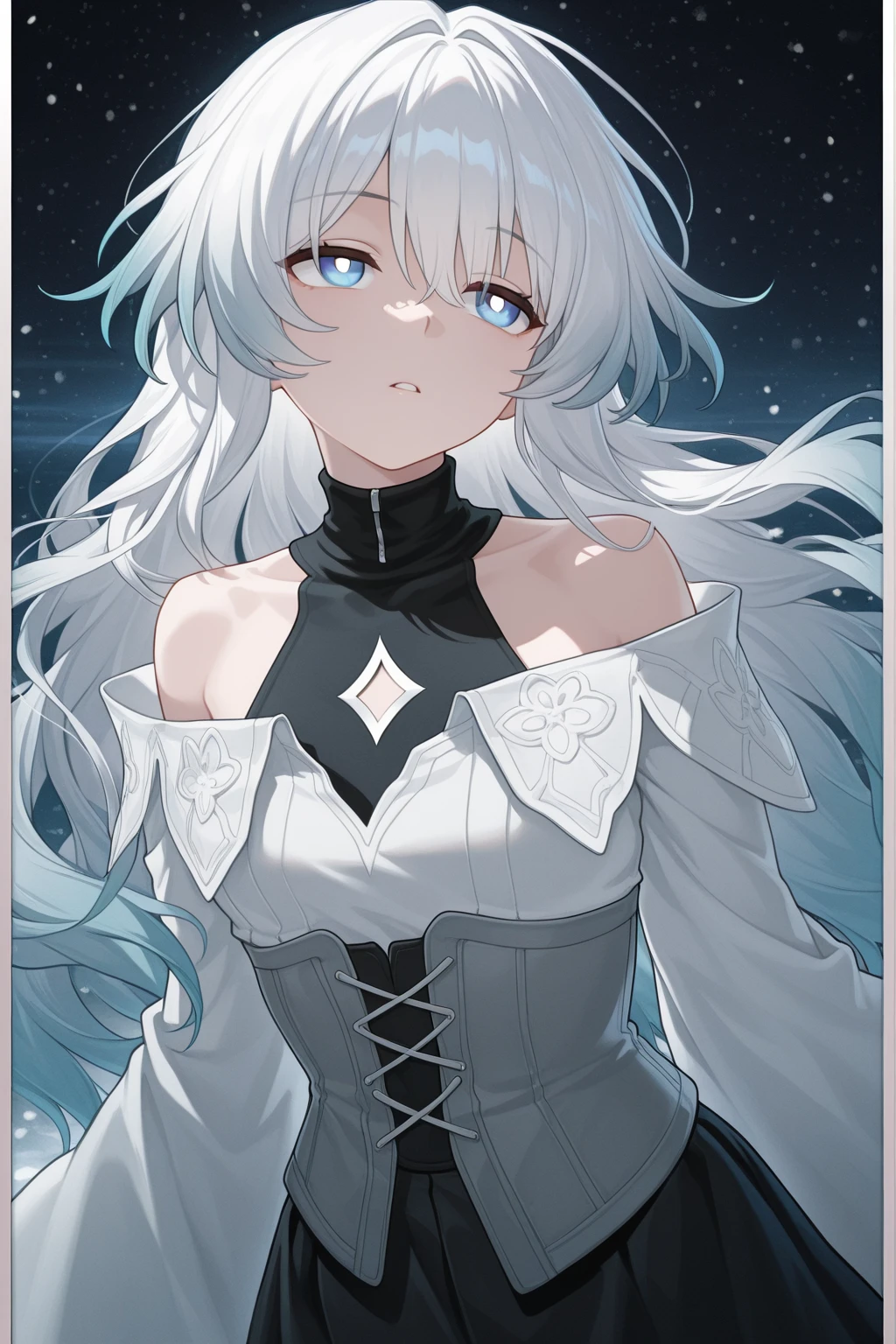 Magical girl　Black costume　mini skirt　Silver long hair　Blue Eyes　Great style　blush　A gentle smile