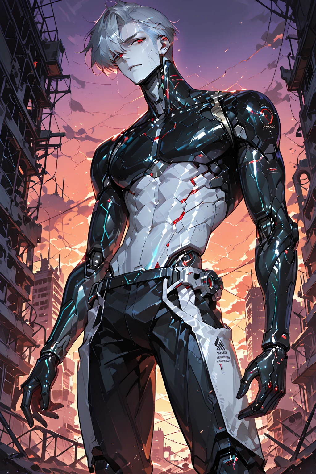 (score_9, score_8_up, score_7_up, score_6_up) BREAK (furry, source furry, uploaded on e621) BREAK robot, android, android skin, barcode tattoos on the body, (broken neck:1.2, damaged belly:1.2, cracked arms:1.2), cracked chest, solo, male, young, nude, athletic, thin waist, white arctic fox, white fur, short messy dark blue hair, cute young face, talking, black mouth, canine teeth, glowing blue eyes, hard nipples, black speedo, belt, holster, mechanical components, blue mechanical parts, gun, handgun, holding handgun, hand holding handgun, attacking, attacking the cyberpunk back alley, cyberpunk back alley, cyberpunk back alley background, angry expression, looking away, BREAK good quality, best quality, high quality, high definition, hd, 4k, 8k, masterpiece, good proportion, perfect proportion, good anatomy, perfect anatomy