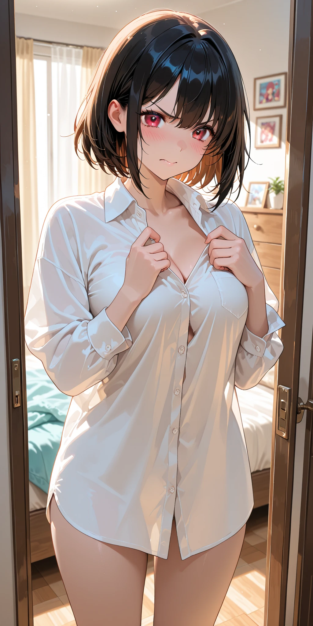 (((white shirt over naked ))), (((The front is fully open with the buttons unbuttoned.))), ((show off your nipples )), ((see-through shirt)), (masterpiece), high quality,Not NSFW, genuine, 15 year old beautiful girl just like the photo, (((sleeping in bed))), (looking at the girl from directly above the bed), ((( bottomless)))、((( white lace panties))), looking at camera, black hair, bangs, Fair skin, thin eyebrows, bob hair, big breasts, A presence that is out of this world, shy smile