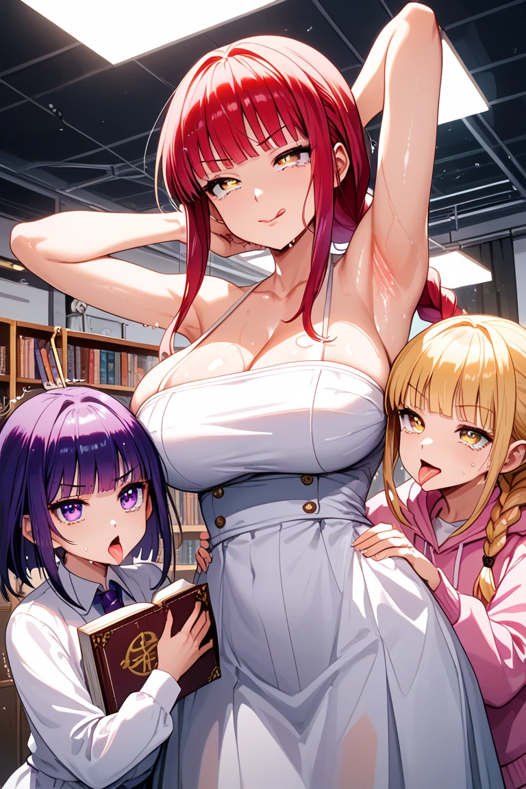 Nudist female librarians studying、surround each other's face、shame、Group Selfies、book library、From above