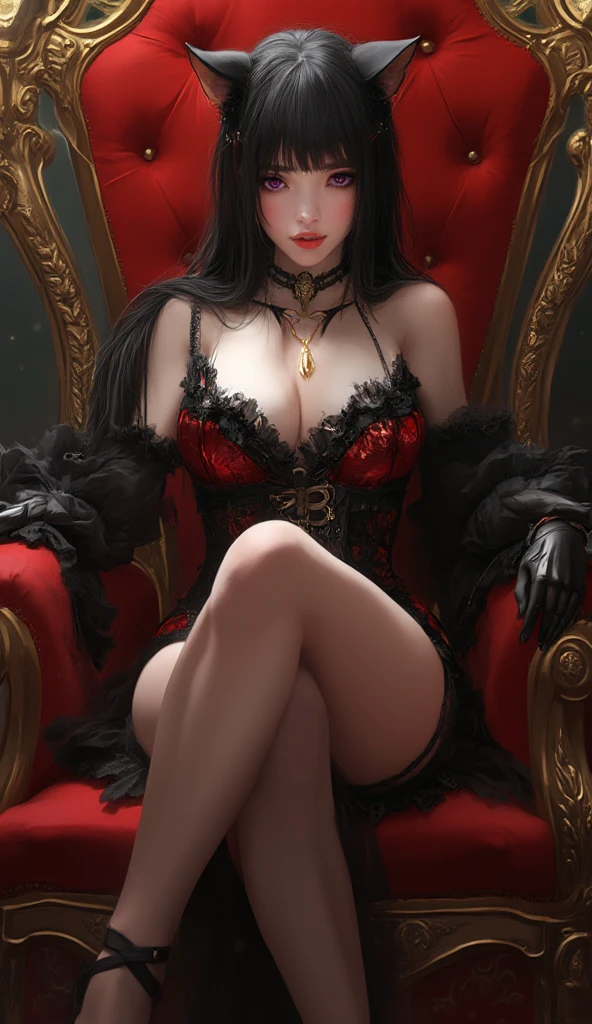 A succubus queen of hell, sitting on a throne of gold and ornaments, wearing a long red hellish dress, with gold details, neckleace, lace gloves, with long, loose black hair, red skin color, horns on head, horns curved backwards, gorgeous eyes, Eyes red, make-up, facial-symmetry, seductive mouth, fire in the background, dramatic lighting, Gothic aesthetic. ultra realisitic, extremely details, focus on character, nblurry background.