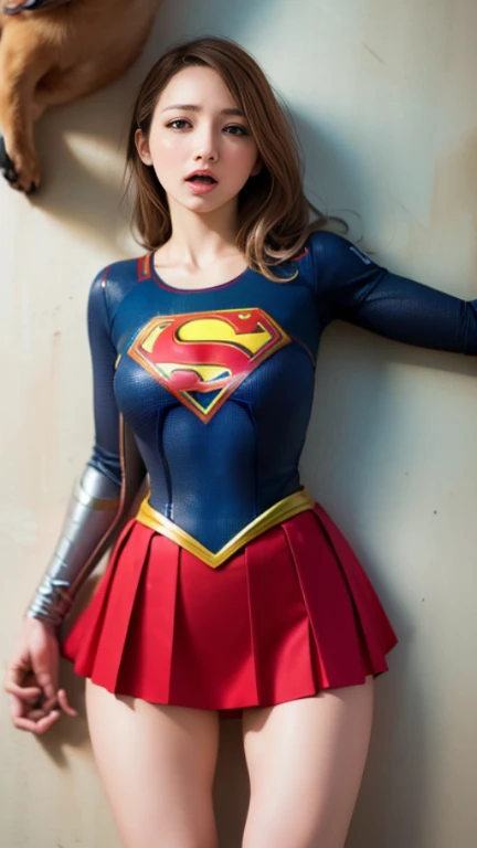Female, Slim Super woman, comic book, super hero, Superman logo on cheat, blue and red super hero outfit, yellow skirt, strong legs