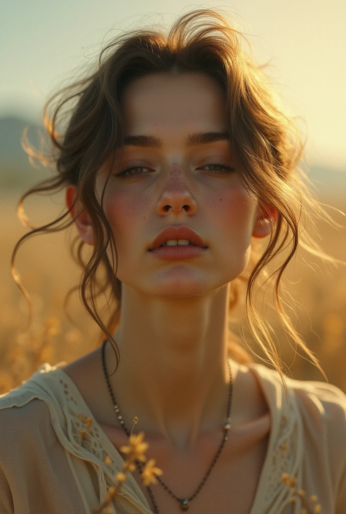 From below,Sunset wheat field ,skinny,Full body photography ,eyes closed ,lay in hay_posing_nude,long brown  hair with blonde streaks blowing across face  ,bare tummy,bare neck,glossy eyes,pale skin,Photorealistic,Black eye makeup,freckles on nose ,Closeup, Caucasian girl,glistening eyes,Closeup Madison beer,venom,Voigtlander Nokton 50mm f1.4 ,bare mammary_glands,Photorealistic Beautiful woman,medium_mammary_glands,(Polaroid, Kodak Portra 800,Hyperrealistic, photorealistic, lifelike, PBR (Physical Based Rendering), Specular highlights, Post-processing effects, Highly detailed, 8k, Ray tracing, V-Ray, Ultra- detailed, Depth of Field, Cinematic, Realistic lighting,string bikini