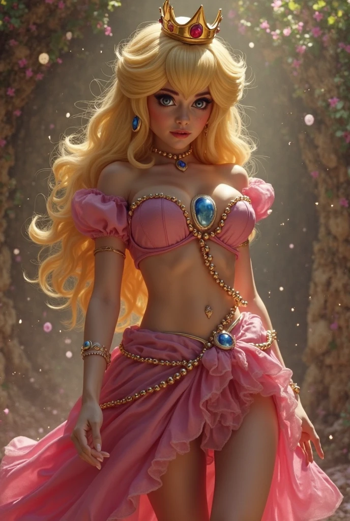 Princess Peach, olhos azuis, Vestido rosa e preto sexy, elegante, fundo preto, escorregadio, clivagem, coroa, lacy bra, cabelo loiro, sedutor, sedutor, (2d anime bonito:1.3), Vixip, pastel background, design por Yusuke Kozaki, oil by Gregory Manchess; Surpreendentemente sedutora, Causador, Beautiful, hand draw illustration. altamente detalhado. Cinematic lighting. Por superequeno.pequeno