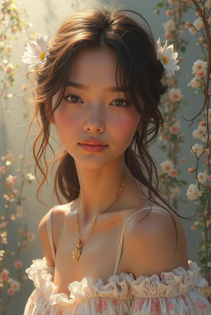 Chiaroscuro technique for elegant sensual illustrations , Retro ,There are silk-like flowers around the body, Painted landscapes, by Hannah Dyer, author：Hironaka Harumi, Very soft colors, Energetic, Pastel, Very detailed, Digital Artwork, High contrast, dramatic, refined, Tonal, Golden Ratio