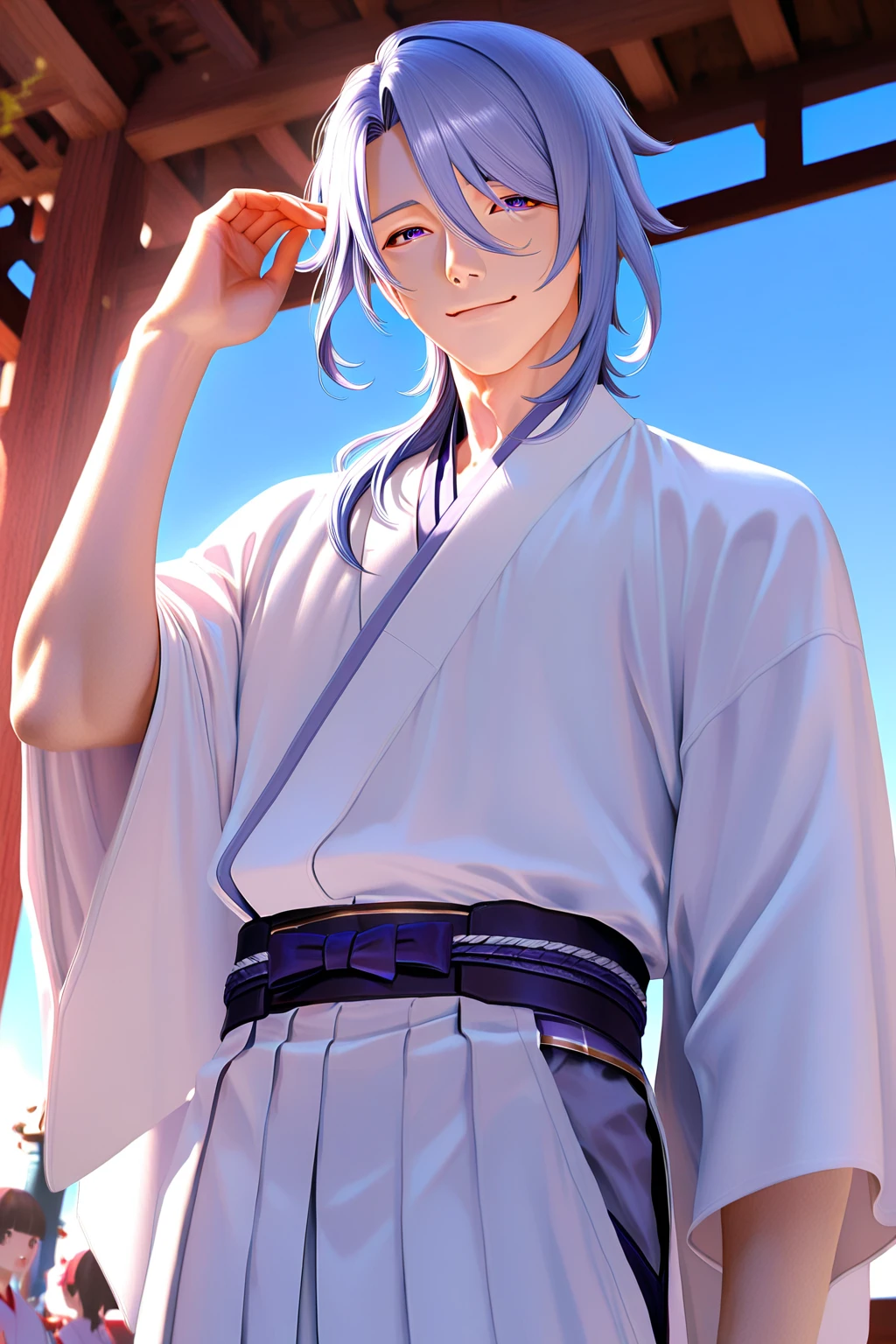 work of art, best qualityer, high resolution, clavicle, short white kimono, standing, cowboy shot, ssmile, plein-air, peito grande ryomen sukuna, facial tattoo, extra eyes, evil ssmile