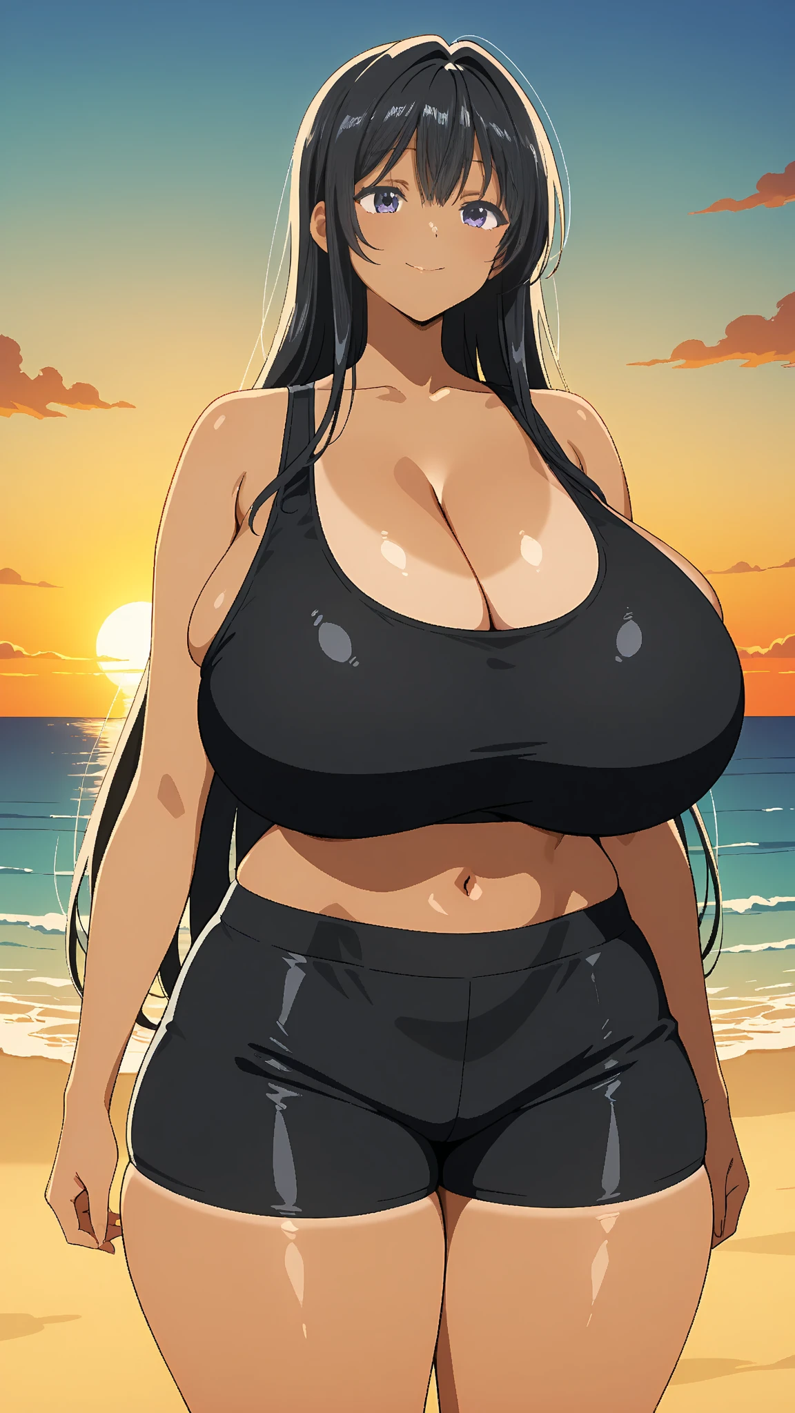  One Woman, ((at last))), Short black hair, Swollen lips, Painted lips, Thick lips, Wide Hips, Thick thighs,  Huge natural breasts, Cleavage, Mature Mom, Bikini top only,Denim shorts, nico robin,focus from the front,Focus on the chest,Emphasize the chest