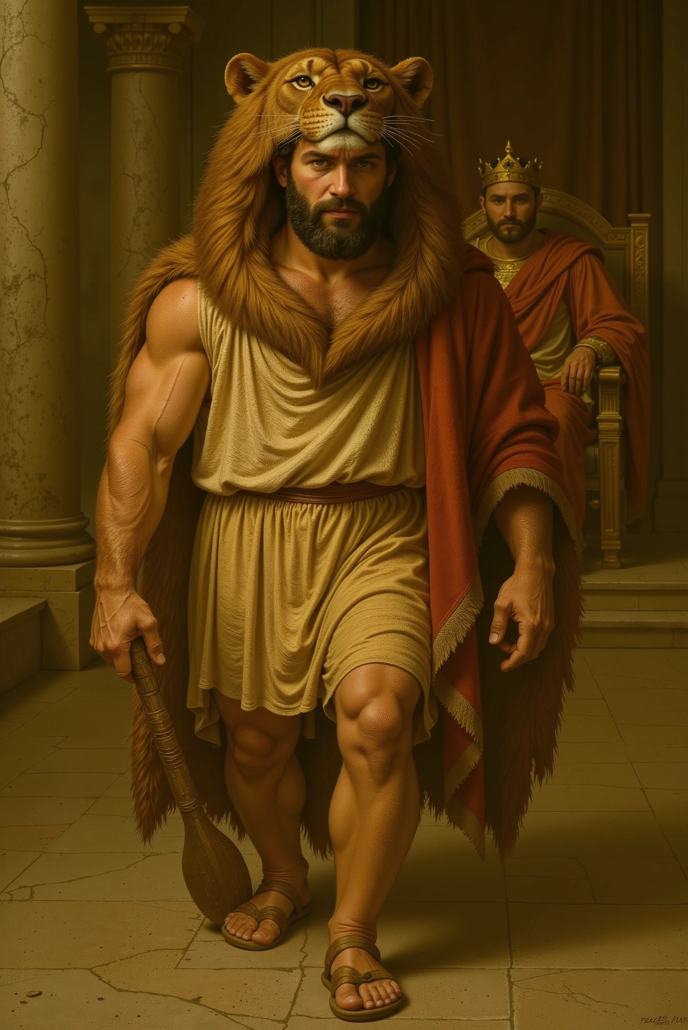 in roberto ferri and norman rockwell art style, a young slave, , barefoot, latino, perfect ,  look realististic detailed muscles, with arms risen, dances in the center of a viking tavern
