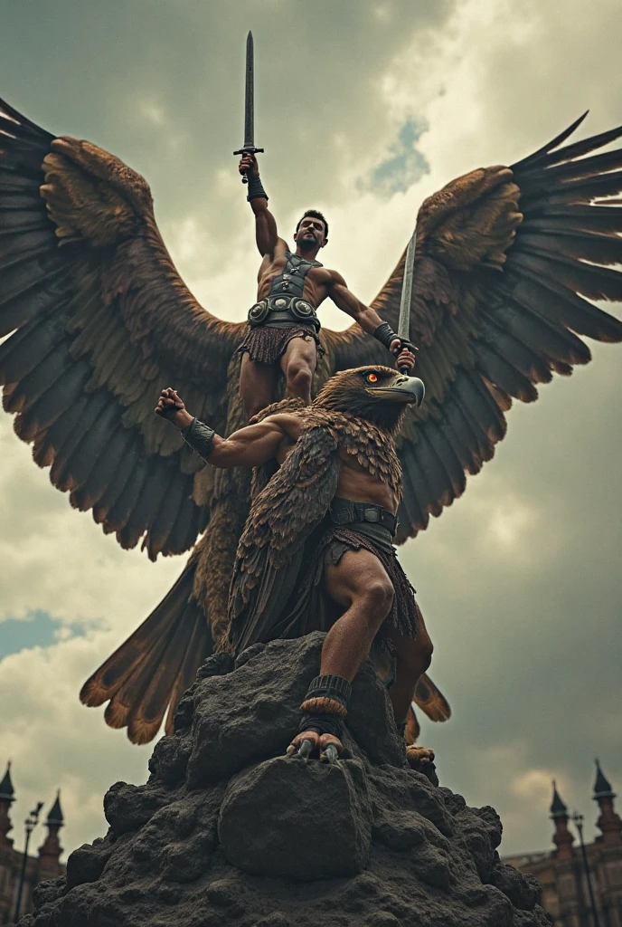 Cinematic image with rich details of Saint Michael the Archangel stepping on the devil's head