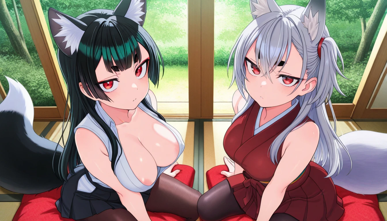 masterpiece, High resolution, highest quality, NSFW, love hotel,, 2 girls, (Black yukata, big breasts, Cat ear, red eyes, black hair, ponytail), (White Yukata, big breasts, Cat ear, yellow eyes, gray hair, twin tails)