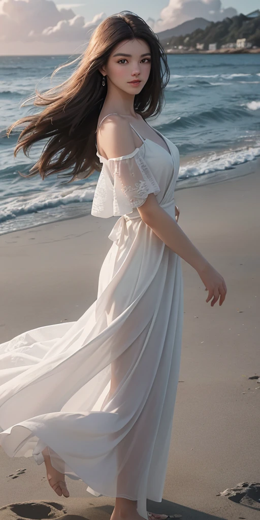 woman in a dress walking on the beach, wearing a long dress, white sunkiss skin, ange sundress, wearing long gown, soft silk dress, at beach at sunset, standing near the beach, wearing a dress made of water that is thin enough to see her bikini with sexy pose , ultra detailed realistic face, large breasts