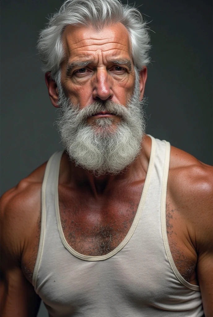 An old man with only a mustache and lots of chest hair