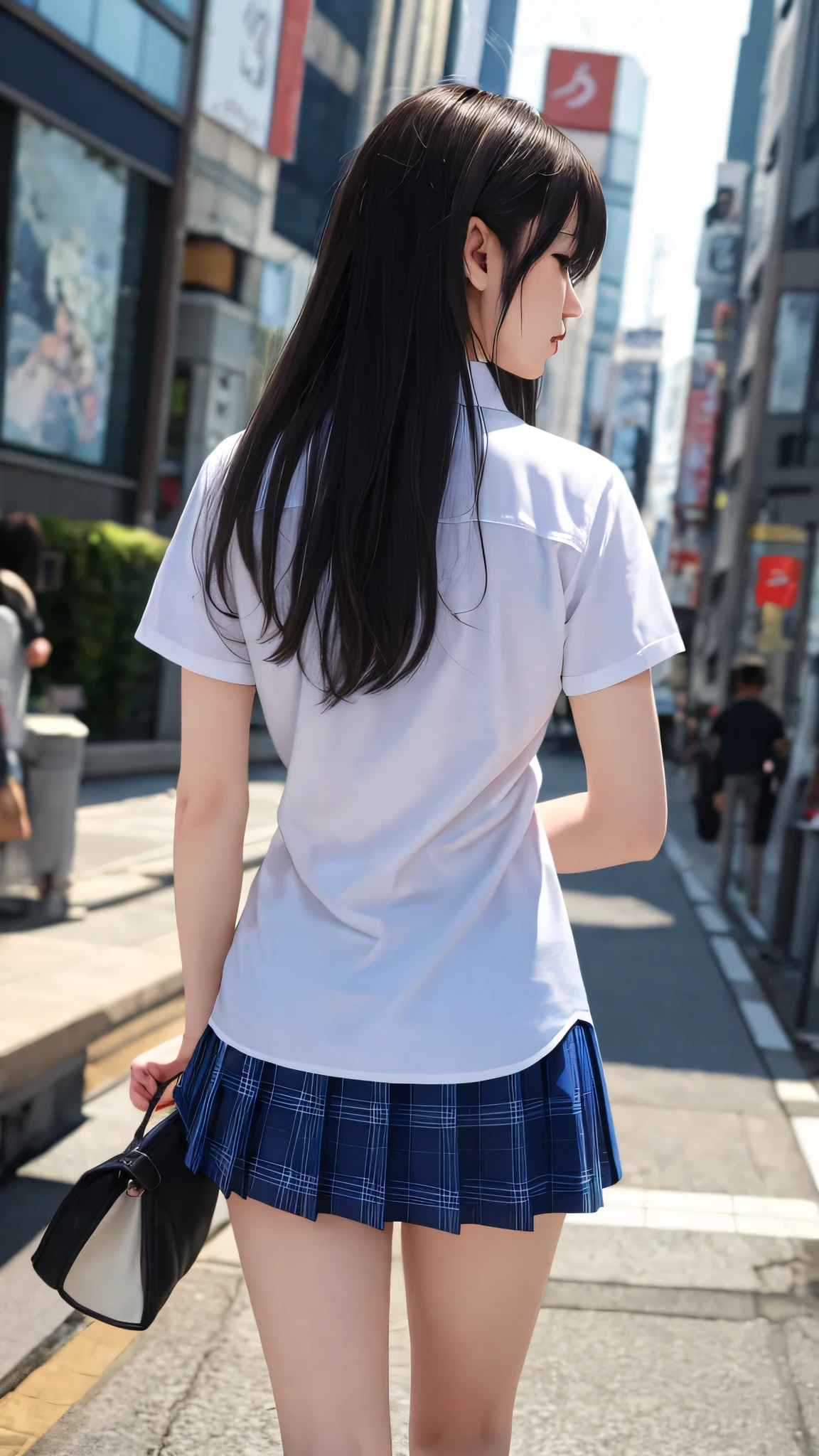 8K、Detailed Description、Very high definition、Realistic、reality的、Real、live-action、reality、High resolution、Nogizaka46、japanese idol,beautiful girl、21 years old、Dark brown eyes、School、Schoolyard、sunny、light smile, closed mouth,Long Hair、Headband、Glasses、Knee-up-top angle of view、Back view、look back、School、Short sleeve shirt、Beige plaid skirt、Very black hair、pretty girl、Beauty、Glowing Skin、Glowing Skin、Shiny Hair、Hair blowing in the wind、Very white skin、Heavy makeup、Large Breasts、Slit eyes、Big Eyes、Double eyelids、Don't show your teeth、