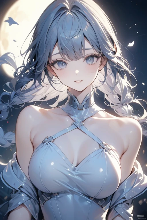 best qualityer，tmasterpiece，A high resolution，Transparent lace porcelain dress，Cotton robe，hair adornments，ssmile，Keep one's mouth shut，cparted lips，shift dresses，hair adornments，choker necklace，jewely，Hanfu，long whitr hair，耳Nipple Ring，exquisite and beautiful eyes，Delicate lashes, beautiful  face, human's body, 真实感, 8k ，high qulity, Volumetriclighting, sneak shot, photore, A high resolution, 4k, 8k ,Transformed in the garden, Falling snowflakes, Winters, Skin super detailed，huge tit，cleavage，White glowing of the skin，Reflective，refracted light