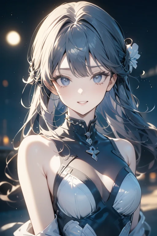 One beautiful girl、Crying Mole、Mole on the mouth、Gummy Smile、Hands behind your head、Beautiful breasts、Dark blue negligee、Black Hair、High ponytail、dusk、super high quality、Final Resolution、Best assembly、Correct body structure、High angle