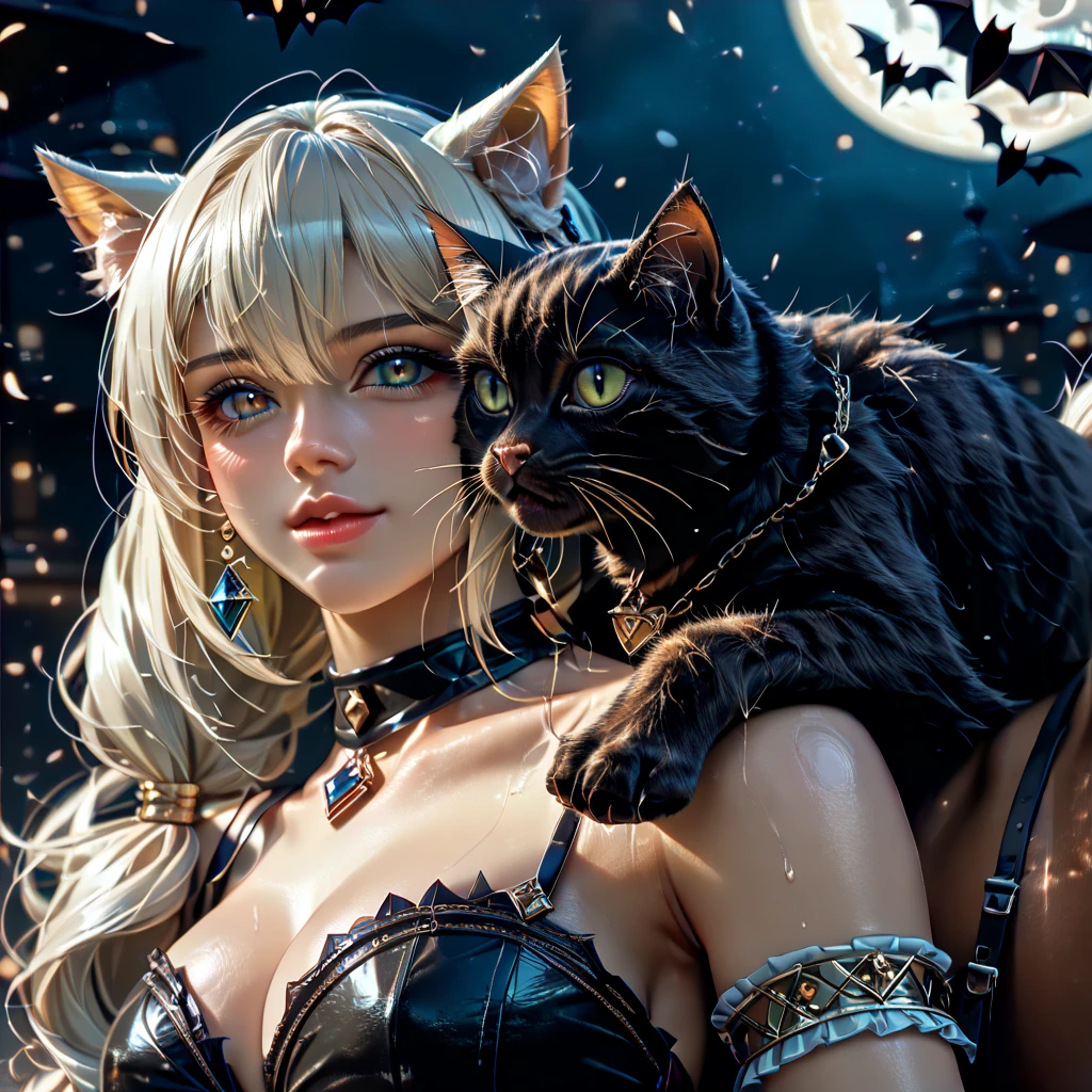masterpiece, best quality, absurdres, 1girl, solo, 
<lora:SoiData:1>,short hair,breasts,looking at viewer,black hair,bow,animal ears,bare shoulders,sitting,tail,ponytail,pantyhose,small breasts,cat ears,high heels,leotard,cat tail,wrist cuffs,sideboob,thigh strap,fake animal ears,moon,fishnets,halloween,jack-o'-lantern,fishnet pantyhose,pumpkin,bat (animal),
concept art,  tree, forest, leaf, flower, grass, golden butterfly, (butterfly:1), holding, rainy day, (((lots of butterfly in the environment))), magical swamp environment, flowers,
<lora:GoodHands-beta2:1>, <lora:more_details:1>, <lora:JW:0.8>