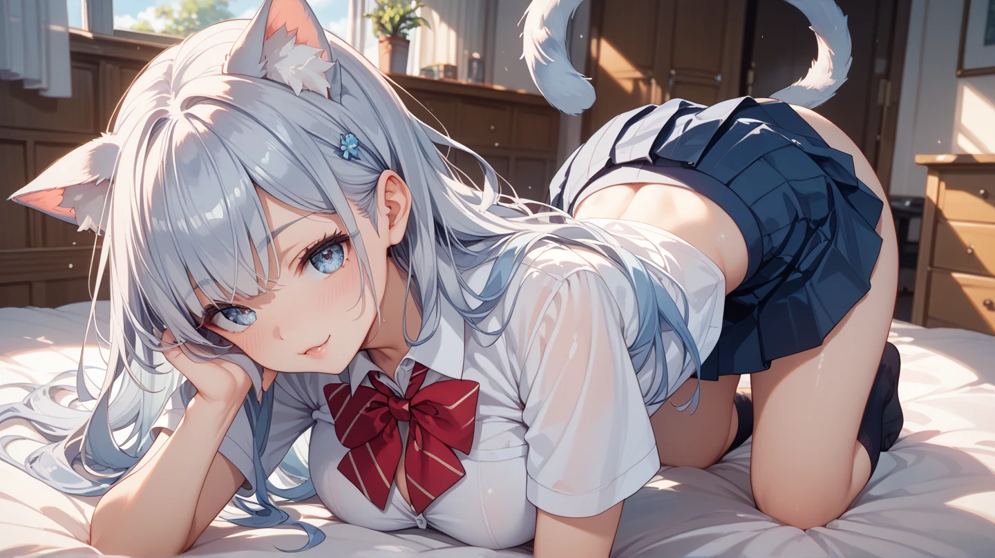 top-quality、masterpiece、超A high resolution、(Photorealsitic:1.4)、sideshot、Raw photo、1girl in、a sailor suit、pleatedskirt、inside in room、deep-shadows、lowkey、On the bed、Prone、Right arm under chin、Put your head on the pillow、Half-taken clothes、Viewer's Perspective、(1The fox tail of the book grows:1.4)、(Beautiful silver hair)、(poneyTail:1.2)、Deep green eyes、Fox ears、thighs thighs thighs thighs、