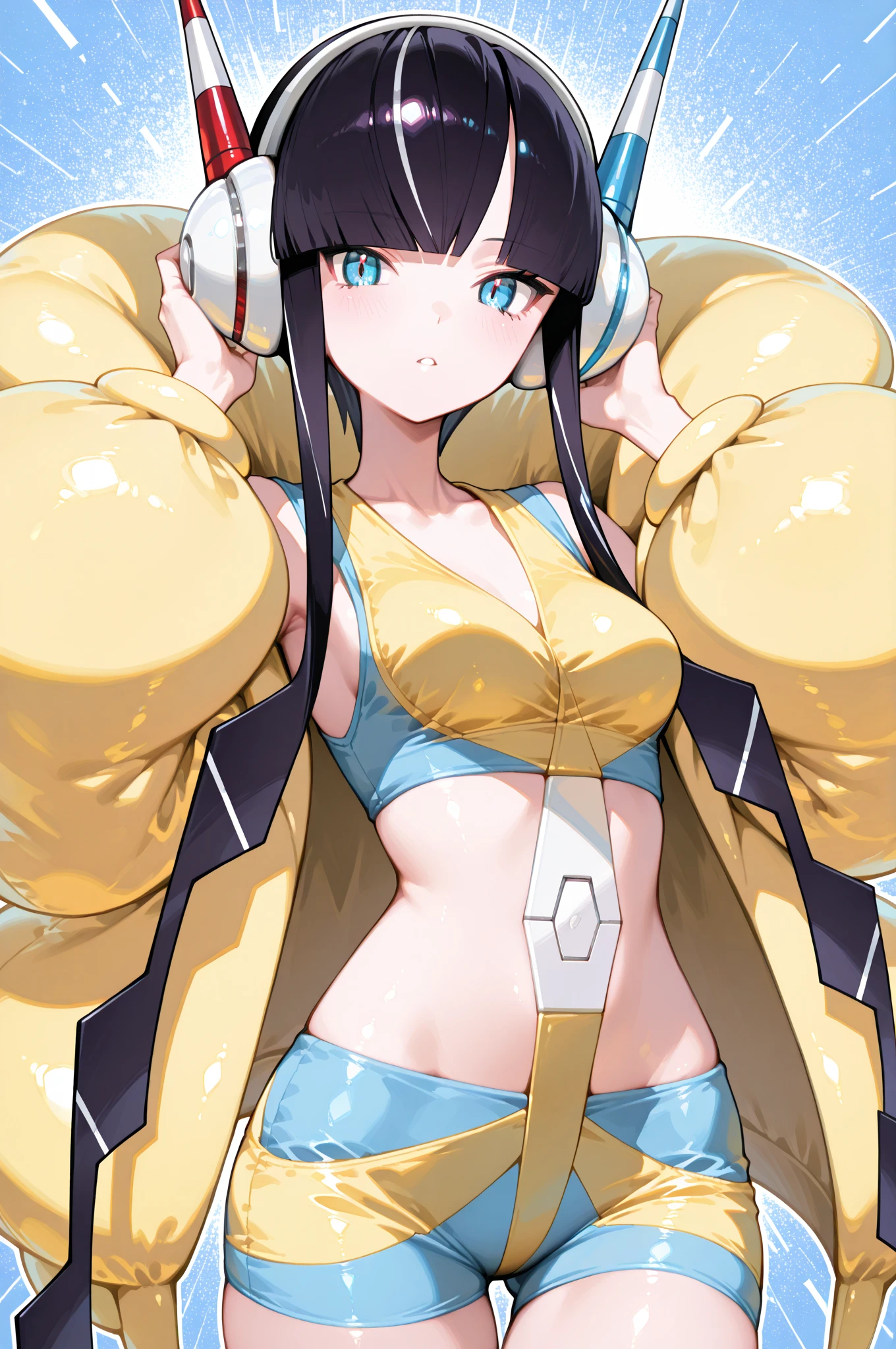 elesa, 1girl, headphones, black hair, blue eyes, bangs, asymmetrical footwear, smile, blunt bangs, short hair with long locks, flats, jacket, yellow jacket, collarbone, yellow coat, blue footwear, red footwear, breasts, sidelocks, shorts, eyelashes, long sleeves, knees, fur coat standing, outdoor, cowboy shot outdoor, futanari, big penis, thick penis, erection, boob