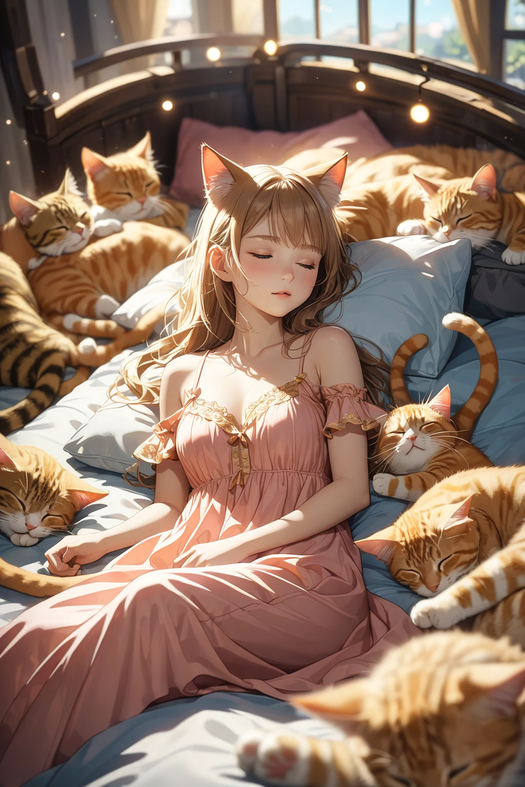 lying, paw pose, cat costume, white clothes, bikini, best hands, a girl, 20 years old, medium hair, medium breast, light brown hair, blush, sleepy, large yellow eyes, night, bedroom, absurdres, extremely detailed, wallpaper 8k CG