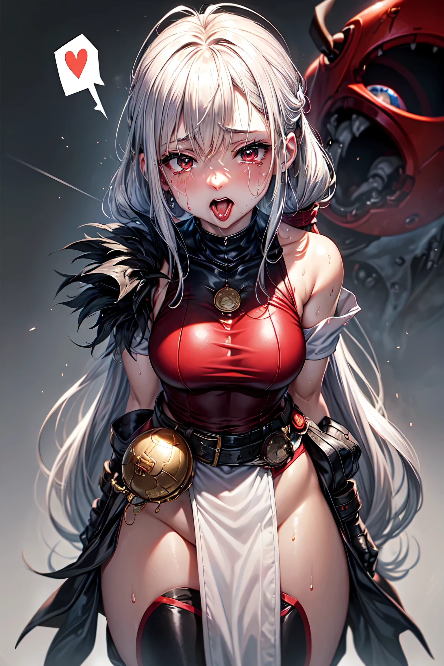 (best quality), (masterpiece), very aesthetic, absurdres, high res, all detailed, realistic, 1girl, (two side up), long hair, silver hair, (red pencil Dress, one side shoulders armor with Cape, red pencil miniskirt), medium cleavage, [black thigh-highs], [white panties], (injury skin, scar skin, bleeding skin, torn clothes:1.1), Broken Armor, BREAK NSFW, (lying, on side), (one eye closed), cry, tears, sigh, blush, sweat, (outdoors, hill), shockwave, stone Debris, cinematic lighting, diffraction spikes, cowboy shot, three quarter view