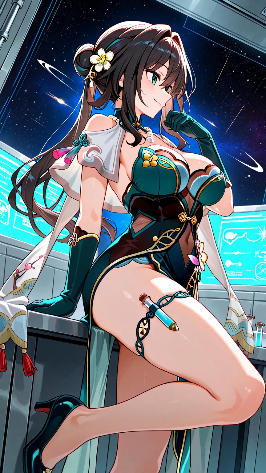 (masterpiece, best quality, detailed), 1girl, solo, looking at viewer,<lora:dehya1:1>multicolored hair, black-gold hair, streaked hair, large breasts, very long hair, blue eyes, dark-skinned female, earrings, animal ears<lora:LatexNinja:1>, latex dress, sideless outfit, arm guards, latex thighihighs ,cockpit, (spacecraft:1.5), science fiction, (space:1.4), lying, on back, from above, parted lips, evil smile, teeth