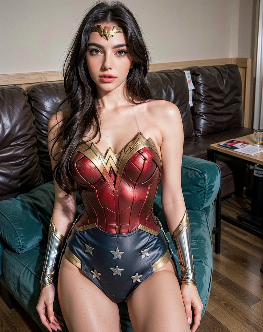 Nia Frost, 26 years old, Italian, long straight black hair, black eyes, with a big smile, casually dressed as Wonder Woman, sitting on the sofa browsing on her smartphone, front view.