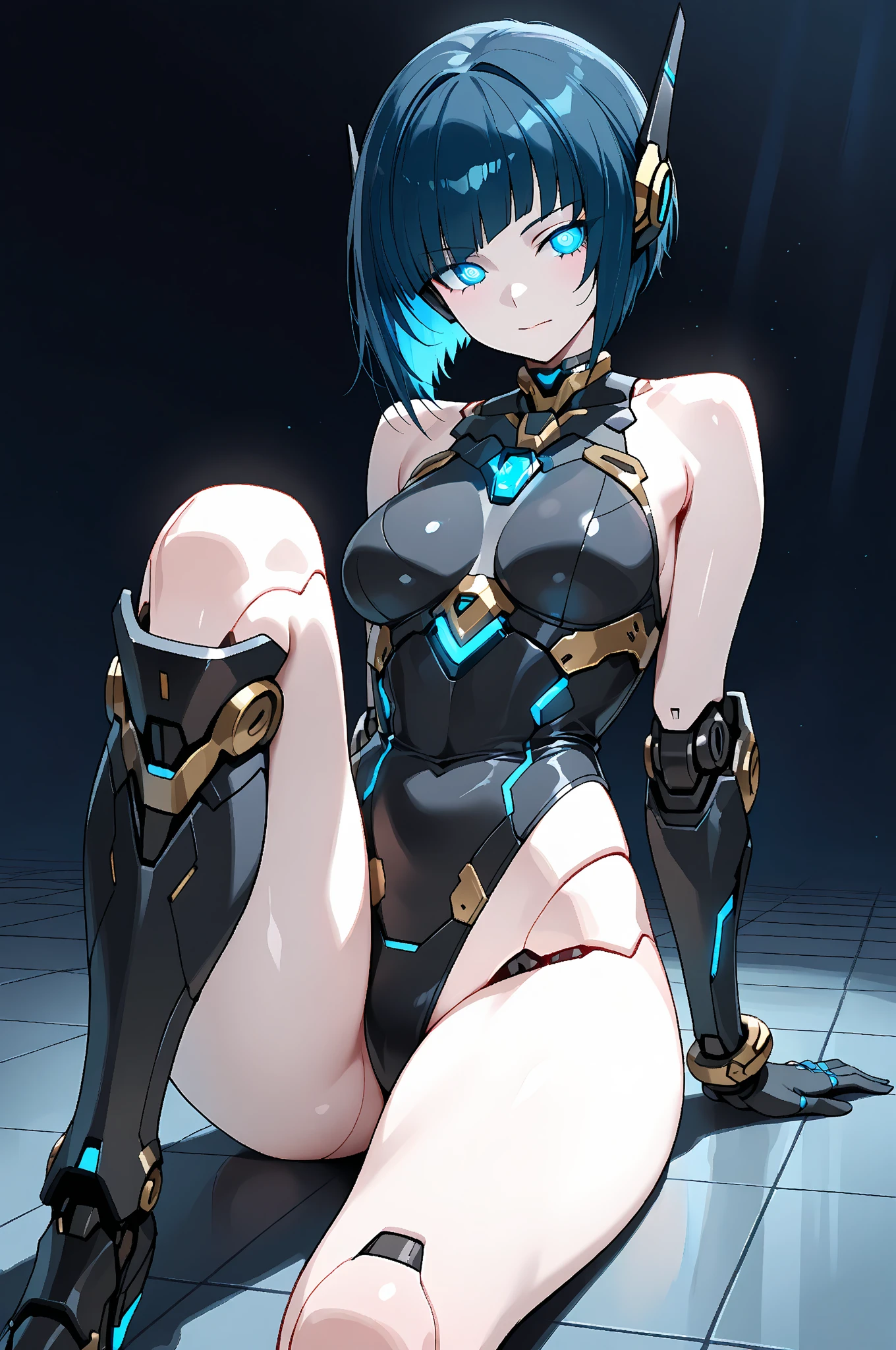 ((Best quality)), ((masterpiece)), (detailed: 1.4), (((light blue and white stripes)))), (((short hair))), A muscular 35-year-old warrior woman almost naked in the Simon Bisley style for the cover of Heavy Metal magazine, bare thighs, tiny thong, garter belt, (((black hair with blue locks))), clean face, Minimum clothing, sensual pose, light blue neon genesis carbon fiber clothing with small details in dark blue and white, (((blue clothing))), (((mature woman))), (((full body)), (((tiny blue thong))), Annie Lennox, oaka_studio, artstation