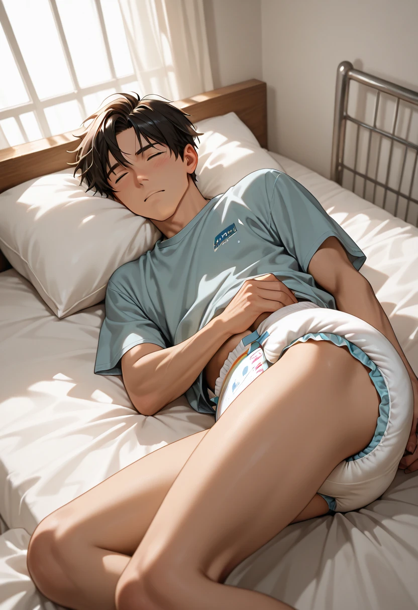 In the morning bedroom, 20 years old, a slender and mascular young man exposes his tighty whities. White briefs. He is lying on the bed. he is peeing himself. He is pissing his bed. There's a pee wet spot on his briefs, pee stain on his crotch.