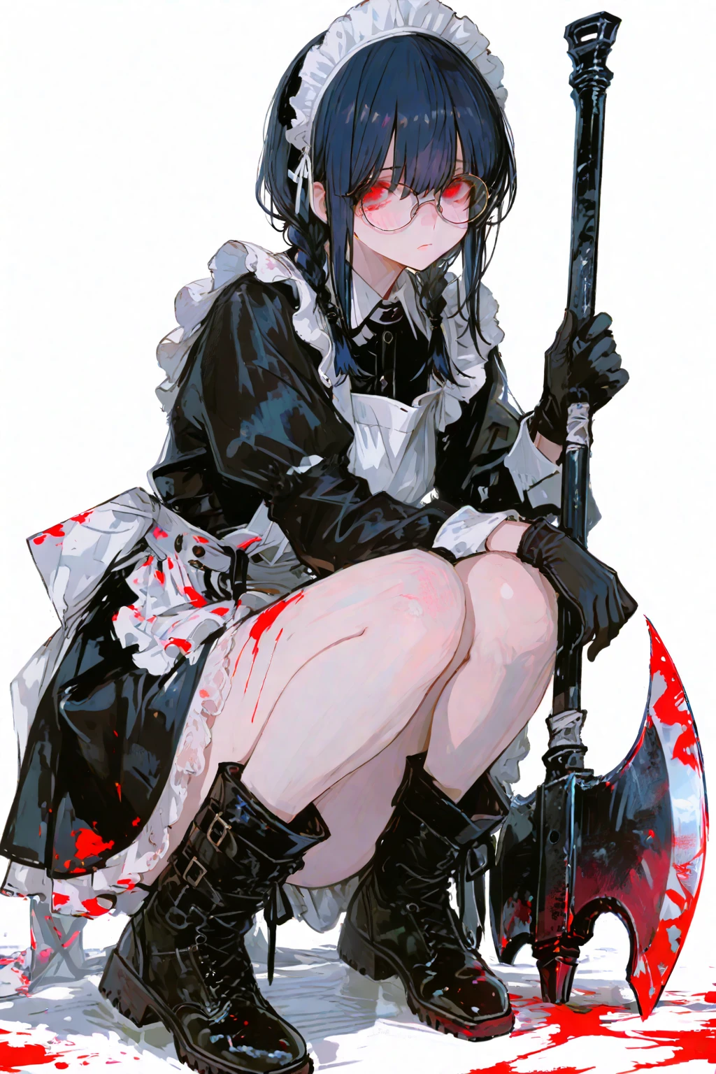 1girl, looking away, glowing eyes, green eyes, hand on own cheek, black t-shirt, black skirt, black socks, white and black shoes, dark and blue background, small hair, white hair, medium , full body, head phone, sharp fingernails, read fingernails, scary, mouth mask, wearing glasses, dark mirror, white full mon, blood on the ground, scary, 