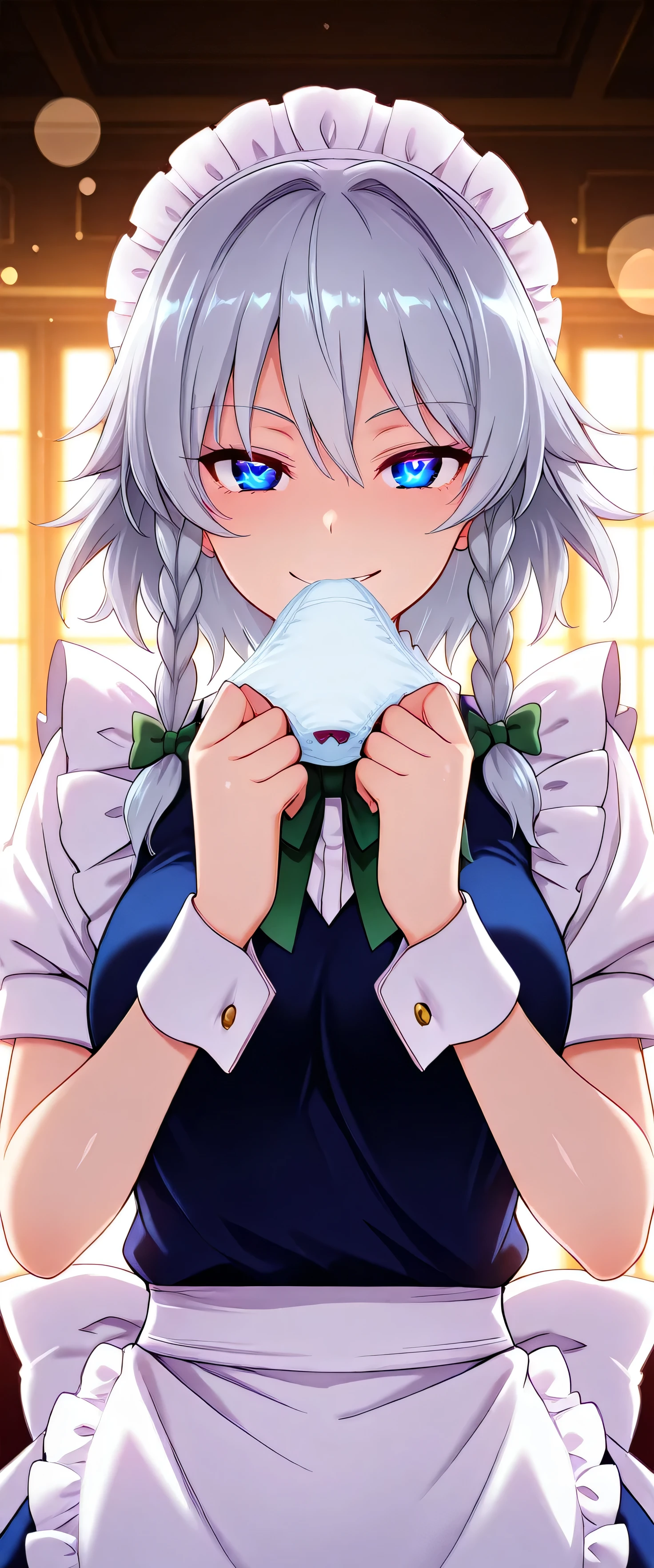 (beautiful girl: 1.3),masterpiece,Ultra-high resolution,Rich contrast,Very high quality,8k,Highly detailed CG unit wallpaper,Texture,So ridiculous,RAW Photos,Depth of written boundary 1.2,ultra-detailed eyes,Glowing Skin,Glitter Effect,Beautiful glossy lips,izayoi sakuya, 1girl, solo, grey hair, blue eyes, short hair, side braids, twin braids, braid, breasts,hair bow, green bow, maid headdress, wrist cuffs, waist apron, white apron, back bow, white bow, white socks, black shoes, Circular Bokeh,(backlighting:1.2),kunka,Scarlet Devil Hall,pantyhat,panties on head,excitement,snort,evil smile,Eyes are hearts,(upper body:1.5),((( round eyes , big eyes))),