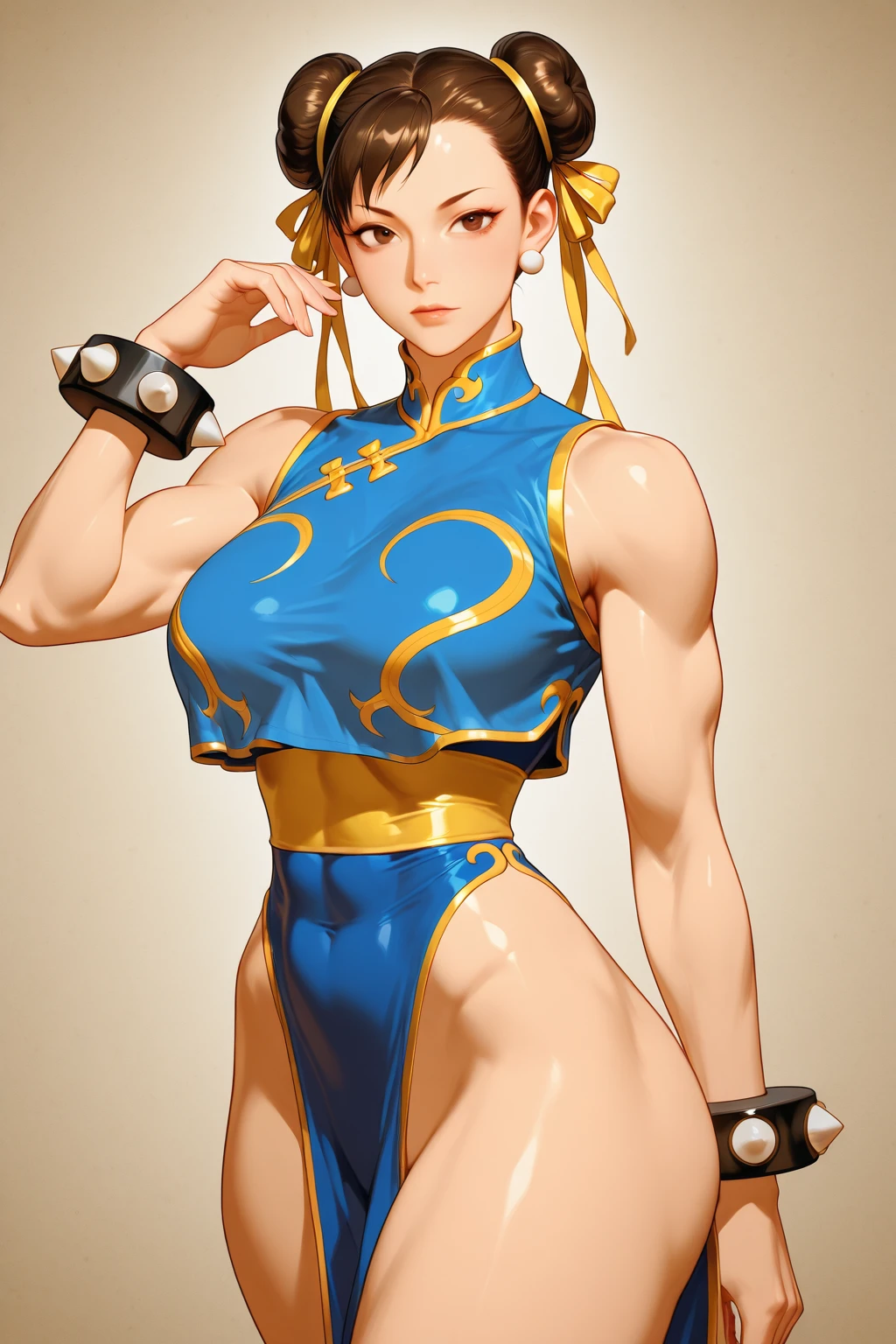 masterpiece, best quality, defaultLyn, blue dress, pelvic curtain, sash, fingerless gloves, standing, looking at viewer, ((Tight leotard)), ((sexy pose)), ((Wrestling ring)), arms behind back, leaning forward, smile, serene expression