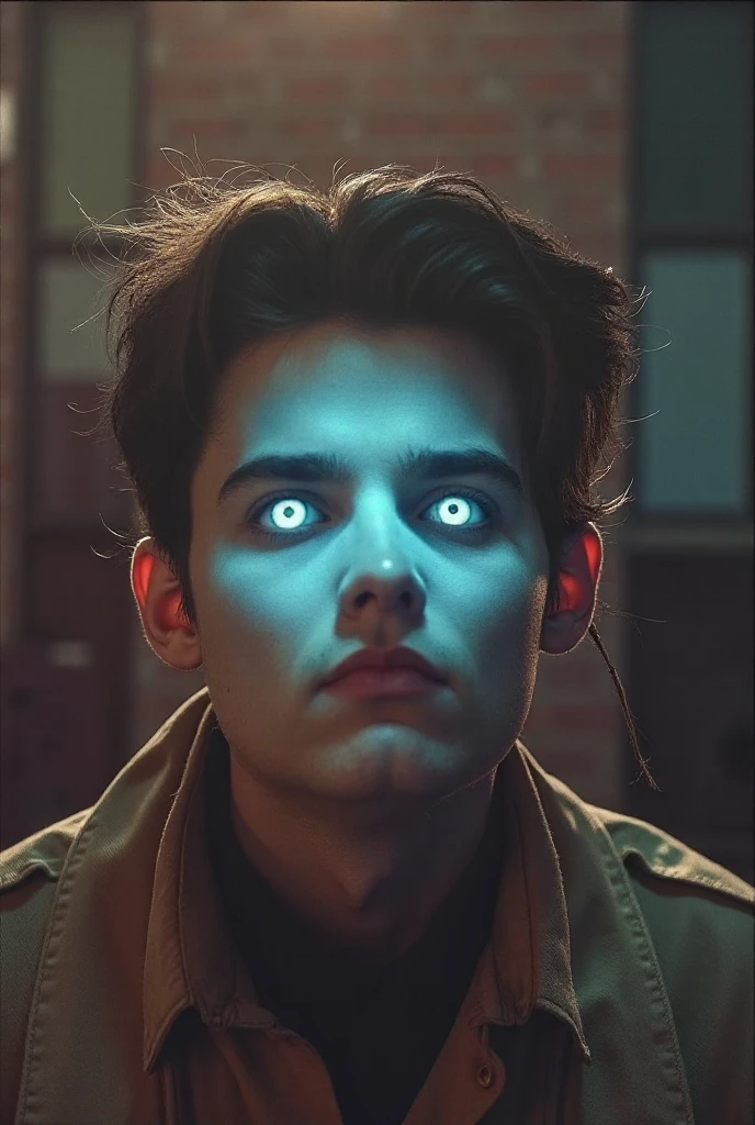 A man with bright white eyes,that he has blue pants and a yellow shirt,blue hair and a yellow streak,and that it is in a foggy forest and that the eyes are noticeable and the skin is white