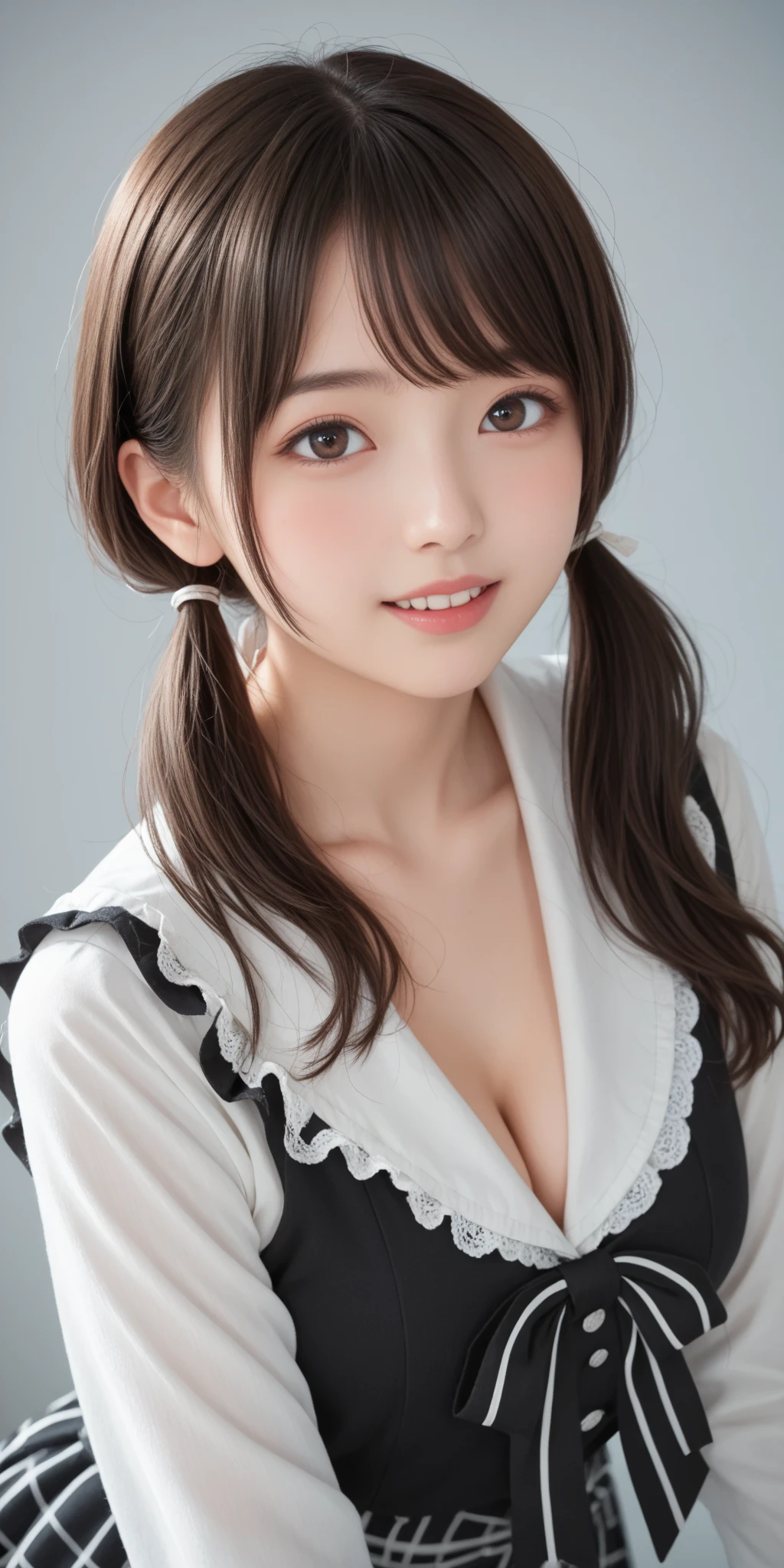masterpiece、masterpiece、One girl per photo、(Face close-up、Cowboy Shot)、Front view from the front、Japanese、Very young and beautiful woman、(The cutest girl in the world)、24.age、Makes your face smaller、Big ample breasts、Cleavage、Wearing a cute black maid outfit made of short sleeve silk satin、Very elaborate costumes、Smiling at the cafe、Black ribbon headdress、Scrunchie、Black choker、Attractive appearance、Super cute face、Glossy Lips、Double eyelids on both eyes、 Natural Makeup、Long eyelashes、Shiny and smooth light brown hair、Bans、Short Twin Tails、Asymmetrical bangs、Center image、8K resolution、Advanced Details、Detailed hairstyle、Detailed face、Great cinema lighting、Octane Rendering、Vibrant、Ultra-realistic、Perfect limbs、Perfect Anatomy、Making hearts with your hands、(embarrassed、blush、open clothes、cleavage)
