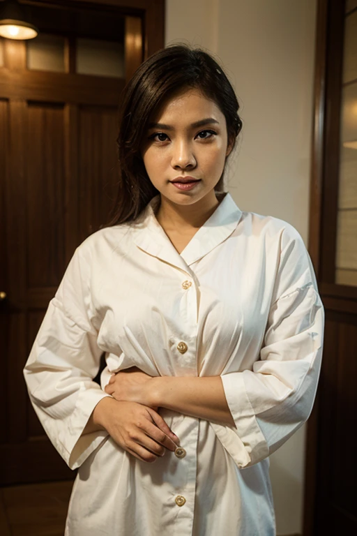 (Best quality, 8k, 32k, Masterpiece, UHD:1.2),Photo of Pretty Japanese woman, 1girl, (medium-short dark brown hair), (largest breasts), double eyelid, White nurse uniform, small white nurse (cap), white shirt, open shirt, hospital, patient's room, upper body, sexy