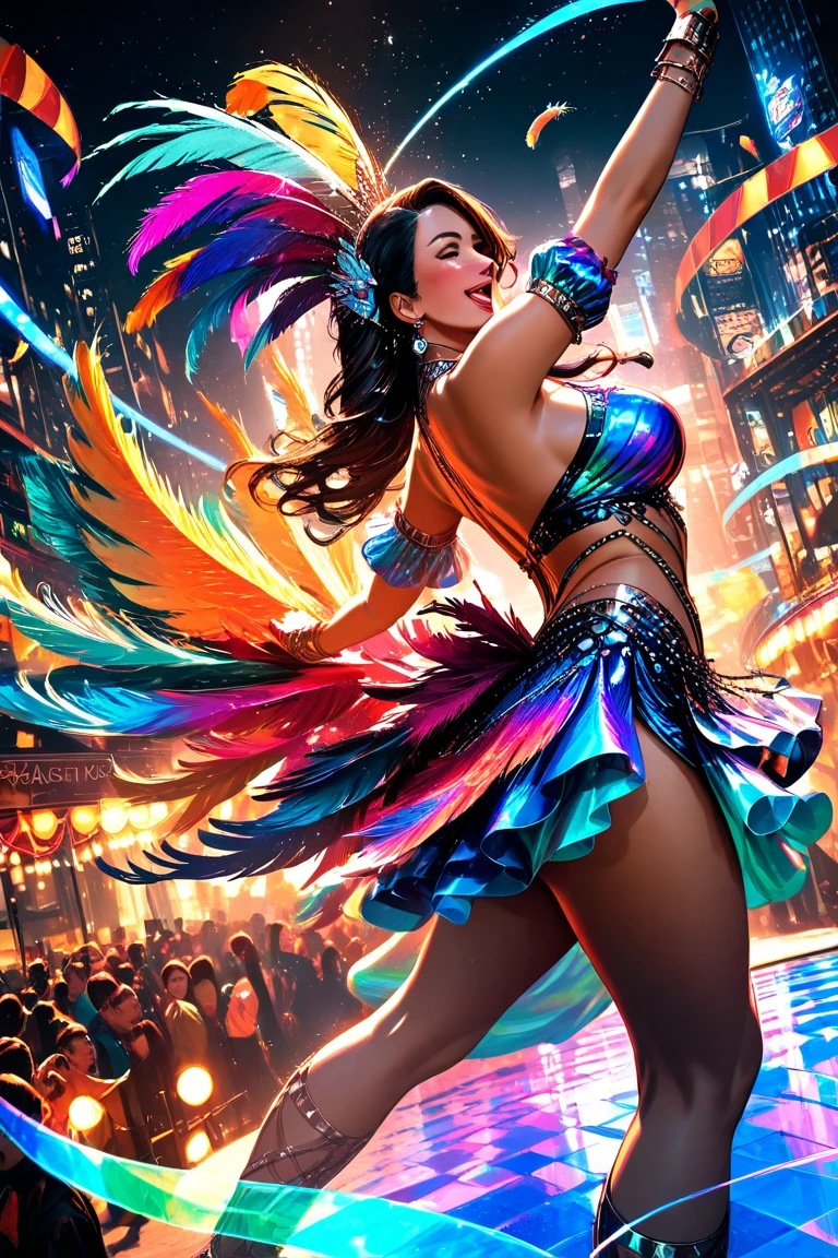 Imagine an image of Gay Pride Day as a dancing figure, with a smile on his face and arms outstretched, surrounded by lights and smoke, symbolizing the celebration and joy of being who we are. --auto --s2