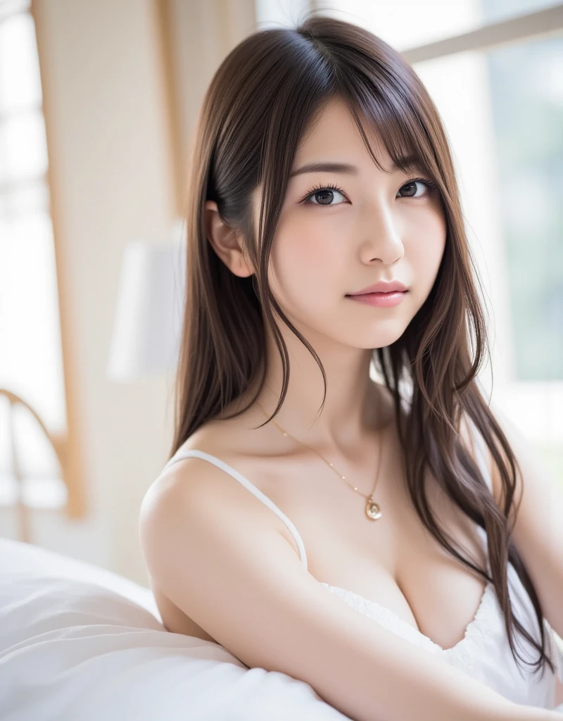 table top, highest quality, shape, Super detailed, finely, High resolution, 8k wallpaper, 完璧なダイナミックな構shape, Inside the suite, luxurious room、on the bed, one girl, beautiful and detailed eyes, pajamas, ランダムなcute髪,natural color lip, lie in bed, sleep together, bold sexy pose, smile、16 year old girl, cute, sexy shot looking at camera, Always blur the background, perfect and beautiful face, beautiful and detailed face, slim face and style, big breasts, perfect hands, Big eyes, whole body (bright colored nightgowns)