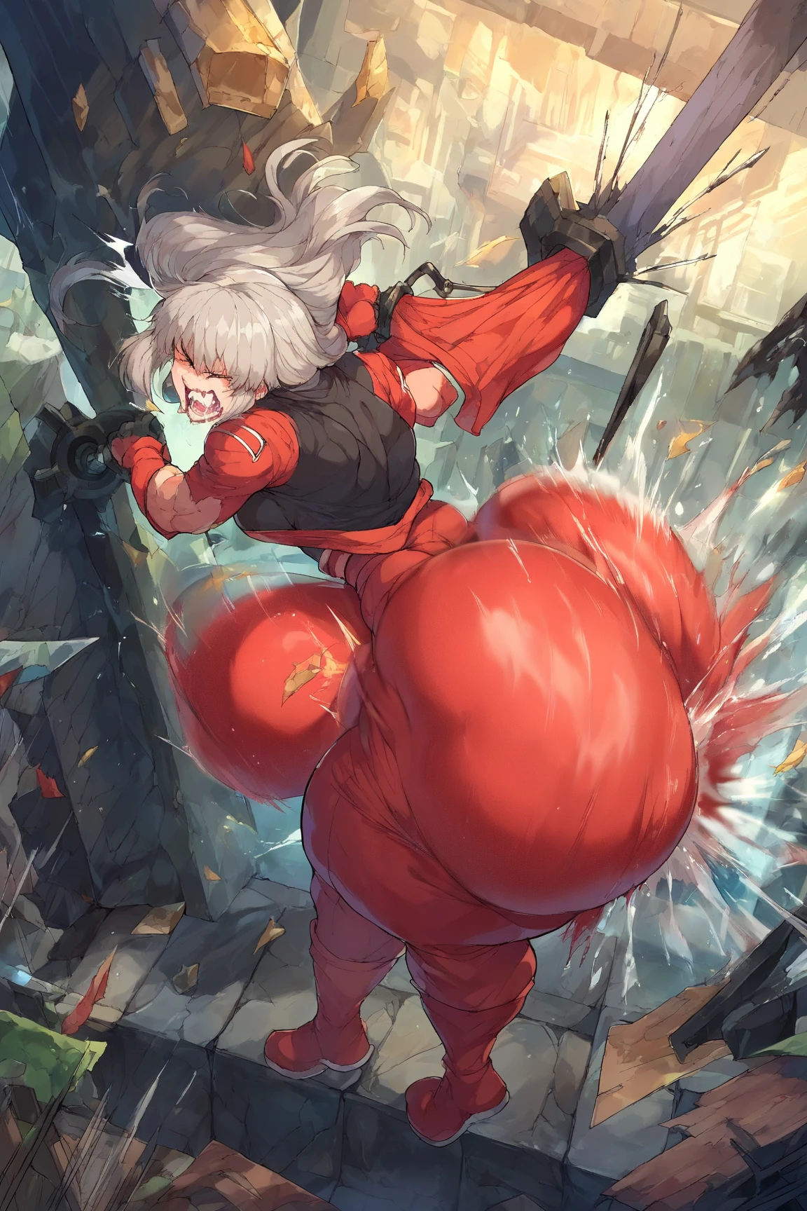 ((best quality)), ((masterpiece)), (detailed), (perfect anatomy), (exquisite clothing); Bedroom; 1girl, tall girl, solo, flexing biceps; Perfect face, white short hair, hair, fanged bangs, sidelocks, cheek blush, red eyes, black pupils, proud, confident, smug grin; (Muscular:3.9), pumped up, (muscular veins), deltoids, trapezius, huge breasts, biceps, triceps, abs, obliques, long waist, wide hips, glutes, (muscular thighs:1.8), fighter, mma fighter, in ring, in arena