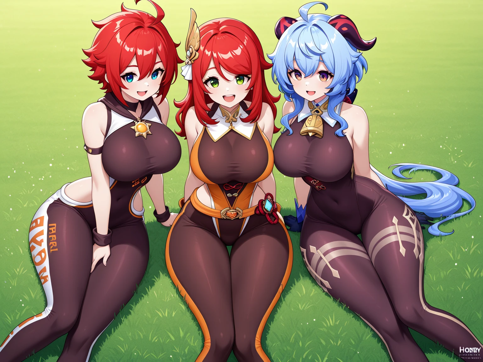 (masterpiece, best quality:1.2), cowboy shot, trio, 3girls, sisters, catra, smile, looking at viewer, sitting, crossed legs, heterochromia, colored sclera, sleeveless, bare shoulders