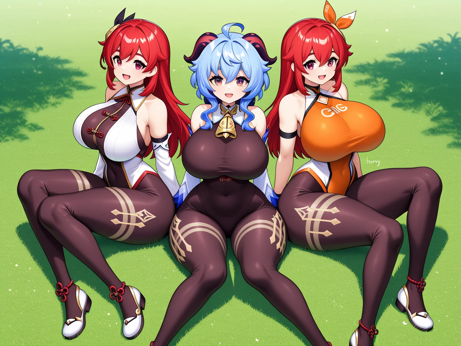 Beautiful sexy pregnant female sorceress, elegant formal detailed and tight blue dress with orange details, blue gems, mature, bunny ears, orange hair, piercing blue eyes, cleavage 