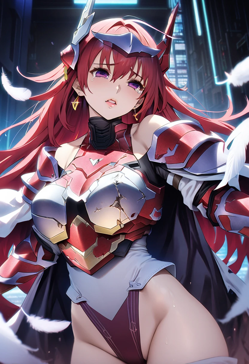 (8k, highest quality, Tabletop:1.2)、Ultra-high resolution, End of the century worldview, 1 girl aged 13, Perfect Fingers, Detailed face, Fearless smile, Red eyes, Red hair, Long Hair, Silver Armor, Gauntlet, Long tights, Leggers, In the ruined city, The dust rises, dim, carry a sword on one&#39;s waist, Arms crossed, upright