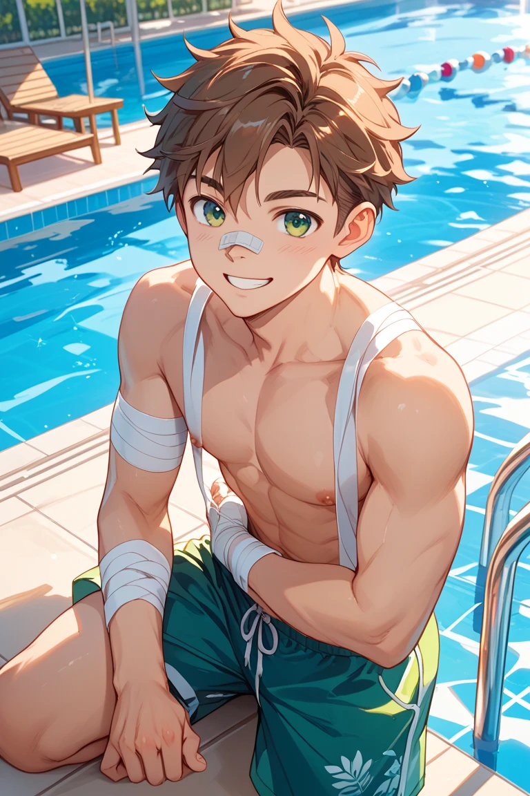 ((highest quality, masterpiece, 4k, finely detailed, detailed eyes, detailed face, intricate details, pixiv, gelbooru)), ((solo)), (((1boy, male, handsome, (((Eren_Yaeger_(Shingeki_No_Kyojin))), (((short, messy, dark brown hair))), (((dark green eye color))) , sweating a lot, wearing swimming trunks, big bulge in pants, looking at viewer, (((smiling))), slight blush on cheeks, beach background with gorgeous sunshine, warm lighting, masculine, shirtless, big and soft pecs, chest, hairy arms and chest, hair trail up navel, chin stubbles, (((licking lips with mouth open and teeth showing)))