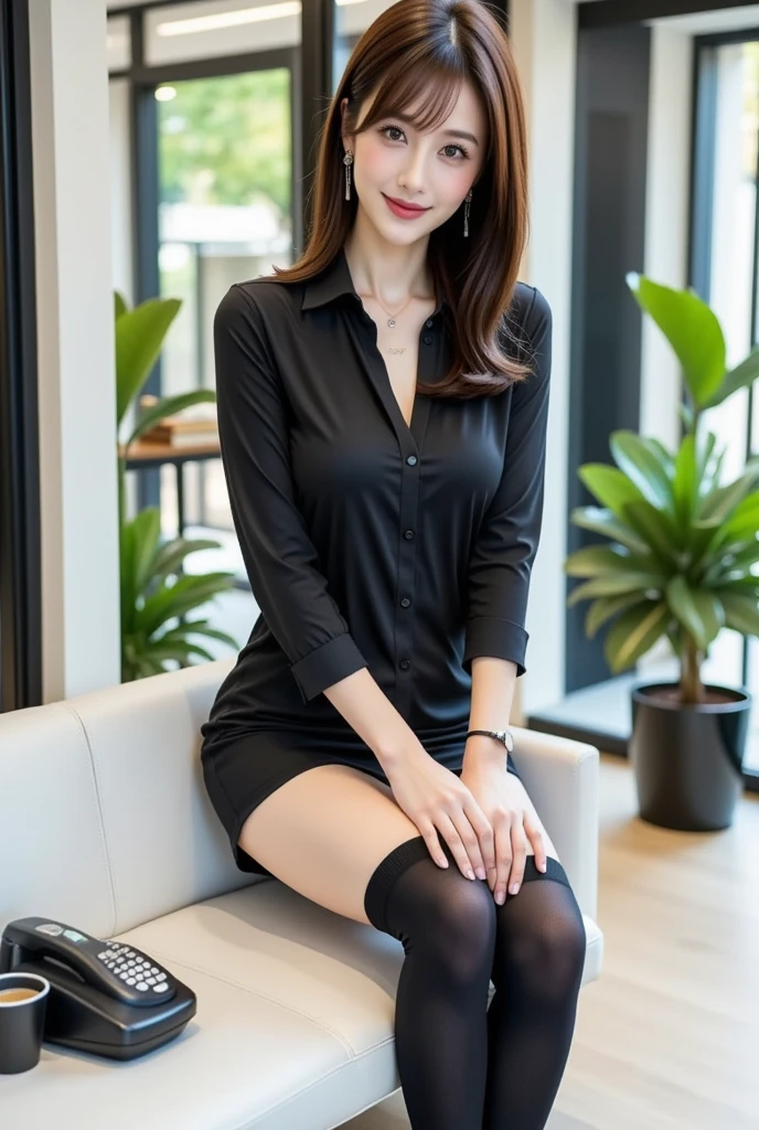 beautiful japanese woman,Photos taken by a professional photographer,Fancy makeup with red eyeshadow,double eyelid,The best smile,Delicate brown hair with short cut and side waves,big ring earrings,elegant legs,Wearing black high heels,long and thin legs, white shirt and super miniskirt, long legs, standing during class, very beautiful slim legs, とても美しいlong and thin legs, sitting at desk, Business service, beautiful feet, good hips and long legs, beautiful feet, black tights,black stockings,black pantyhose,